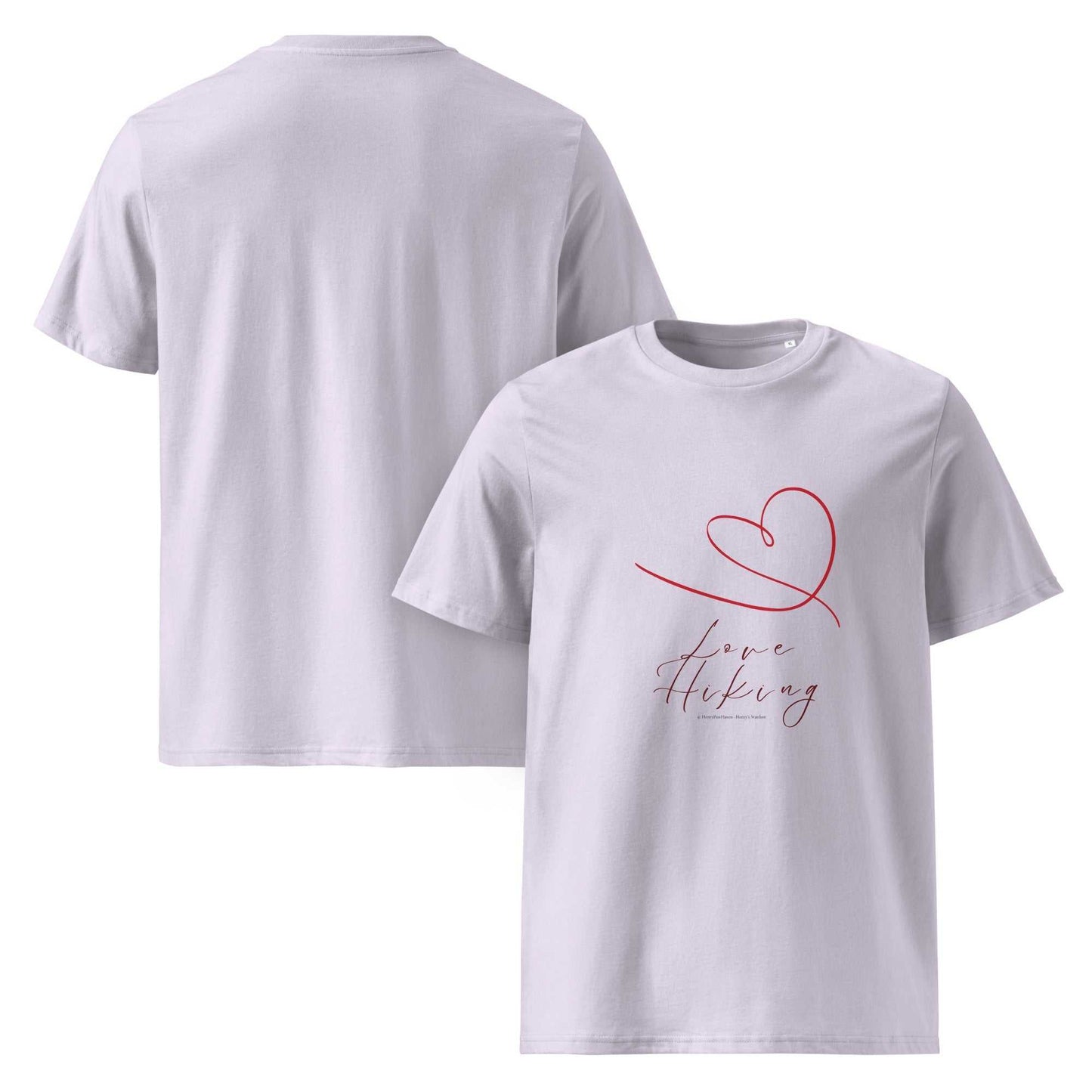 Light lavender organic cotton hiking t-shirt with red Love Hiking graphic, front and back. Sustainable fashion for hiking enthusiasts.