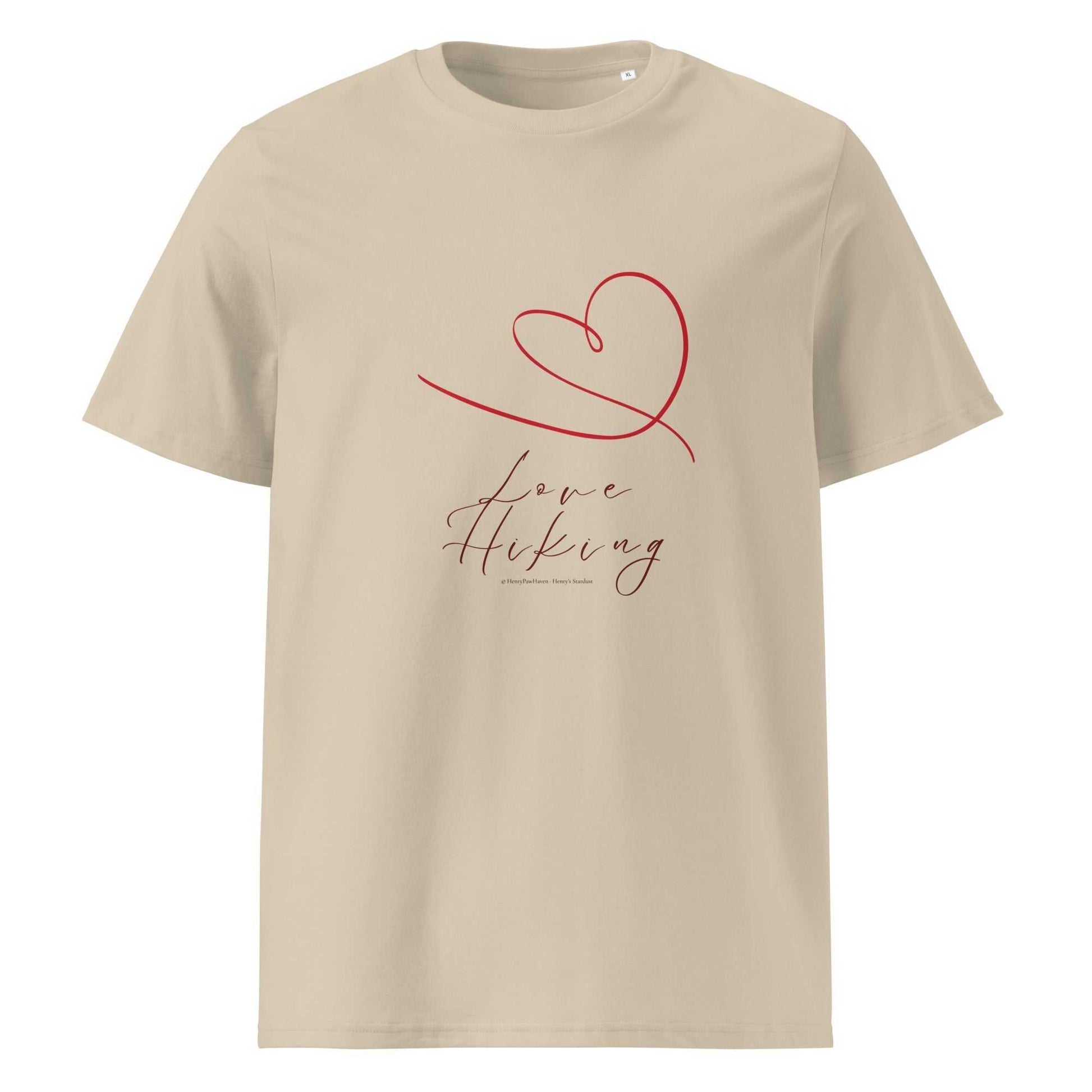 Beige Love Hiking T-Shirt made from organic cotton with red heart graphic, ideal for nature lovers and hikers.