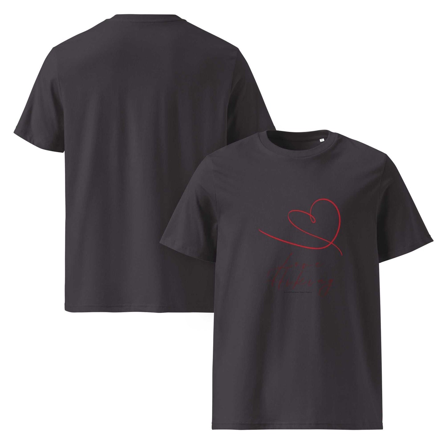Charcoal organic cotton hiking t-shirt featuring red Love Hiking heart graphic, front and back. Comfortable and sustainable activewear.
