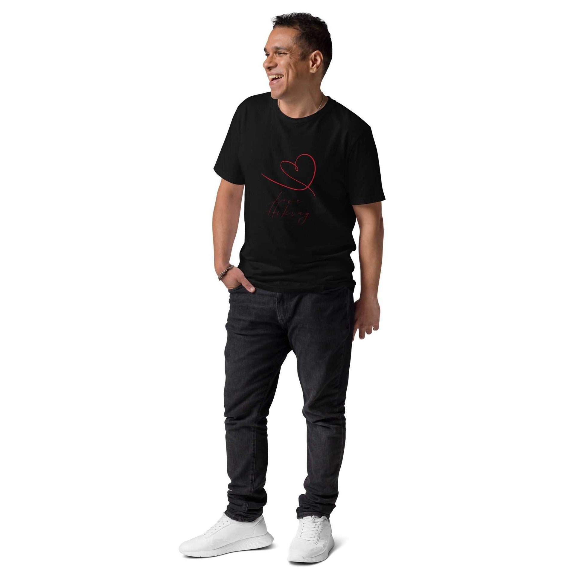 Black Love Hiking organic cotton t-shirt modeled by man in casual outfit. Sustainable and stylish activewear for hiking lovers.