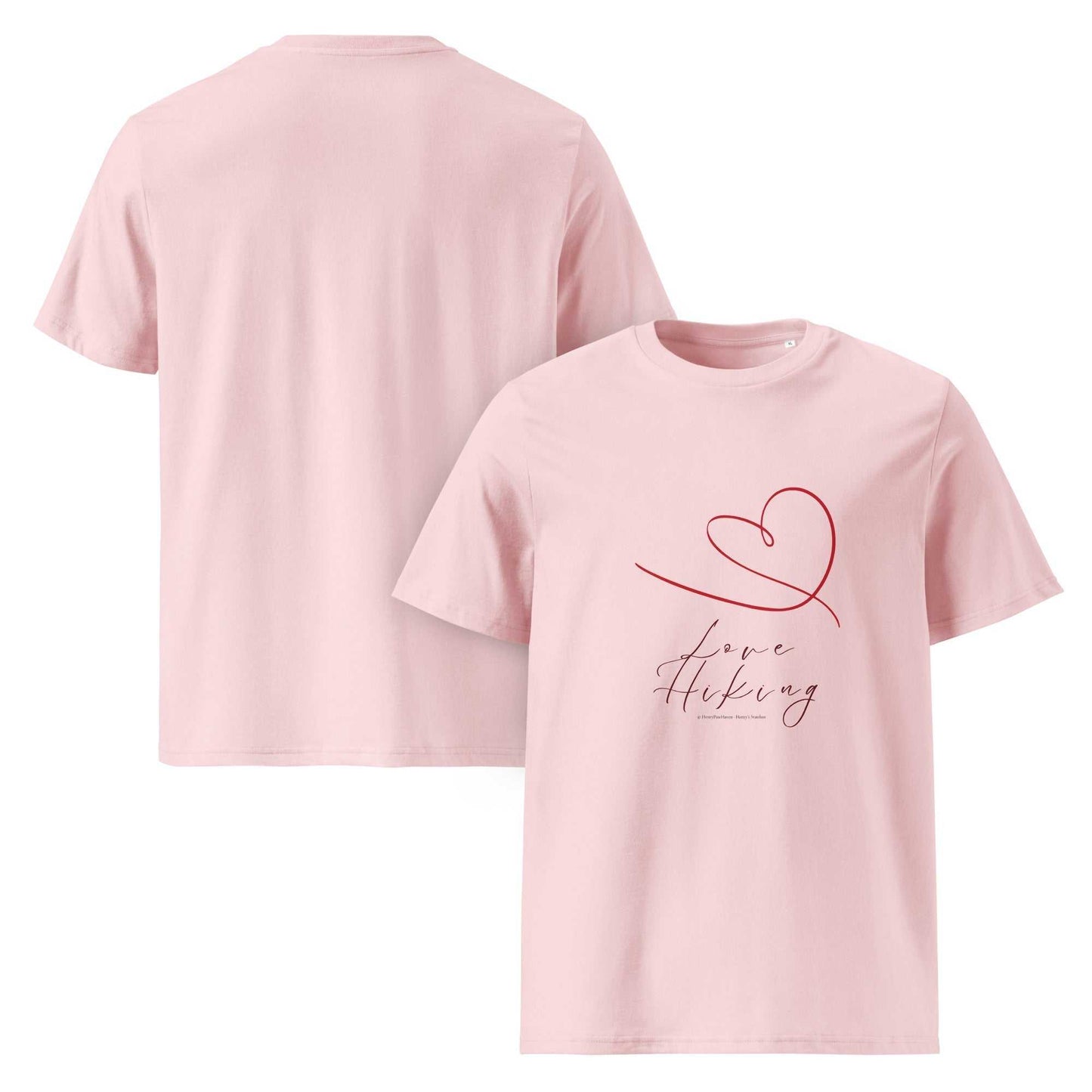 Pink organic cotton hiking t-shirt with red Love Hiking design, front and back views. Stylish and eco-conscious choice for outdoor wear.