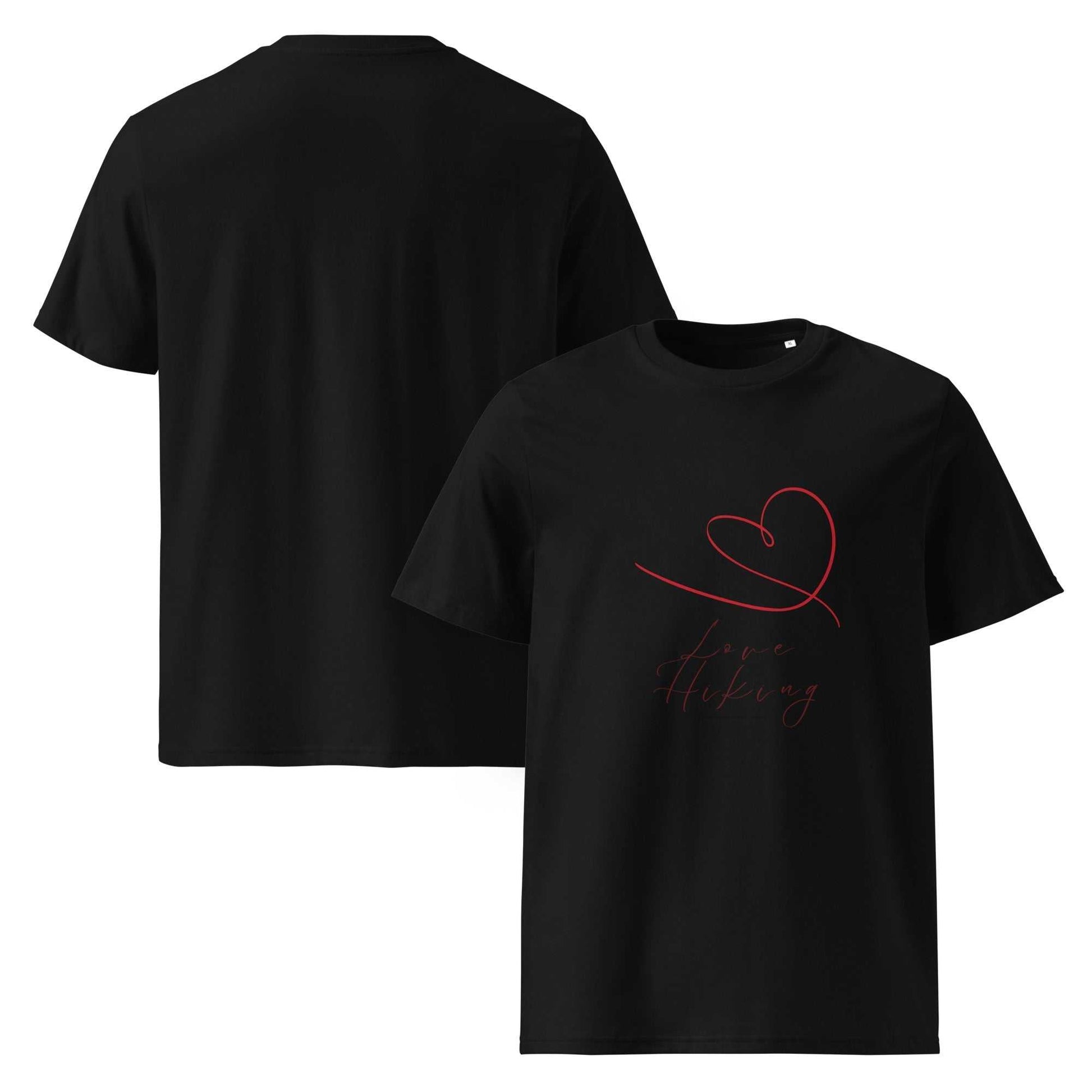 Black organic cotton hiking t-shirt with red Love Hiking heart design, front and back view. Eco-friendly activewear for hiking enthusiasts.