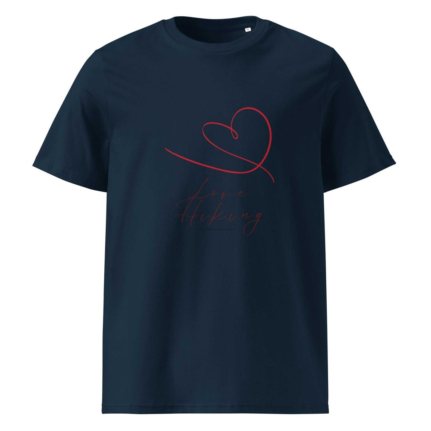 Navy blue Love Hiking T-Shirt made from organic cotton with red heart design, ideal for sustainable fashion lovers.