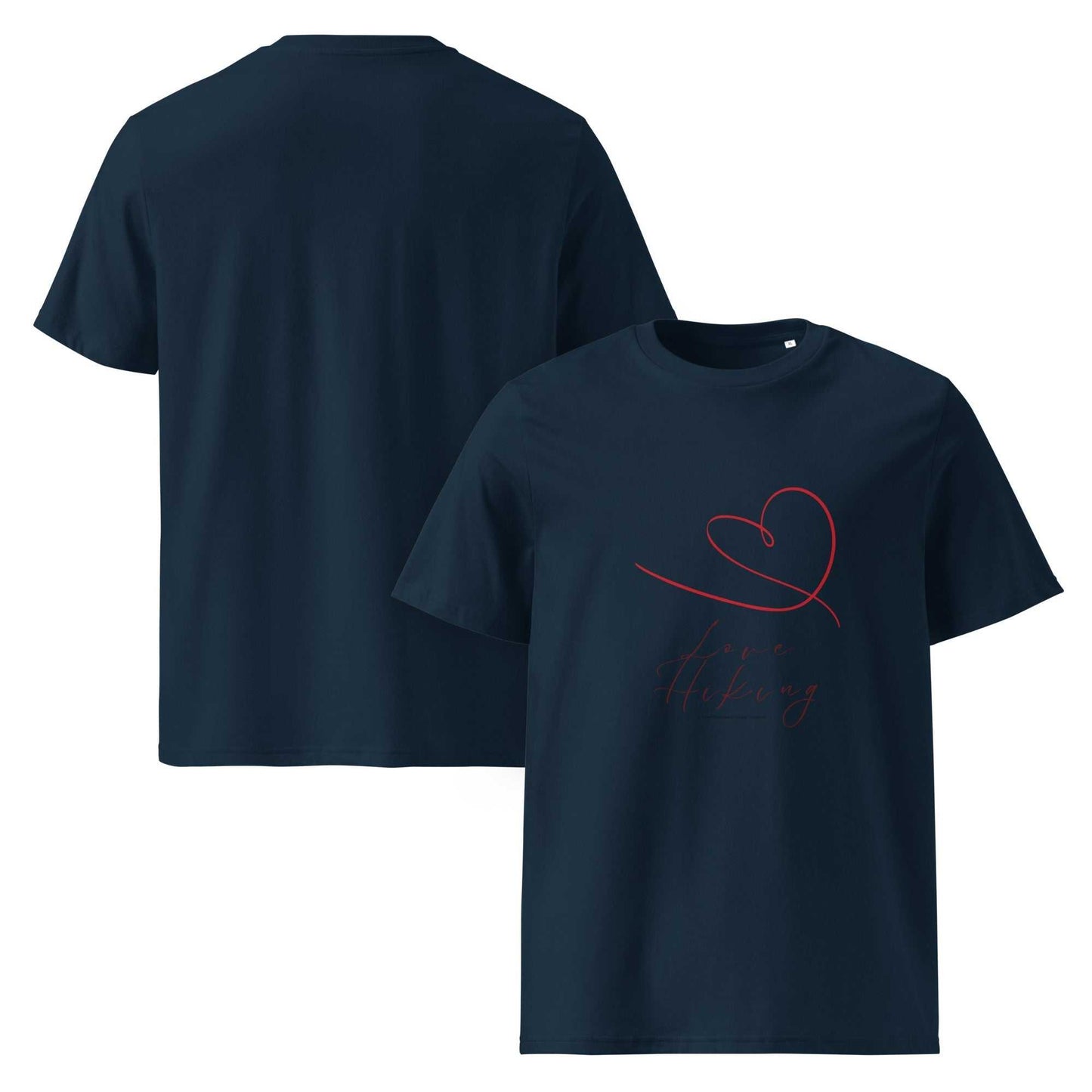 Navy blue organic cotton hiking t-shirt with red Love Hiking graphic, shown front and back. Sustainable and stylish for outdoor adventures.