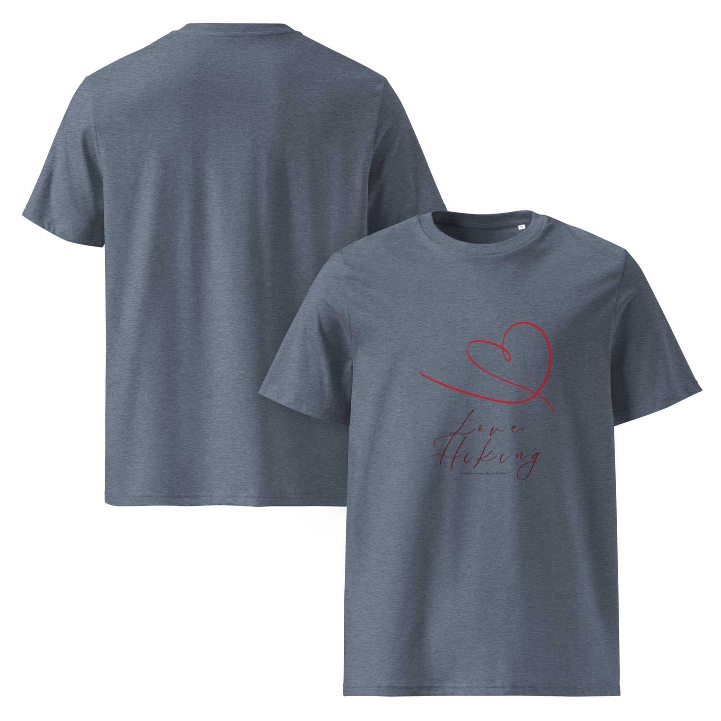 Heather denim organic cotton hiking t-shirt with red Love Hiking design, shown front and back. Perfect for sustainable outdoor fashion.