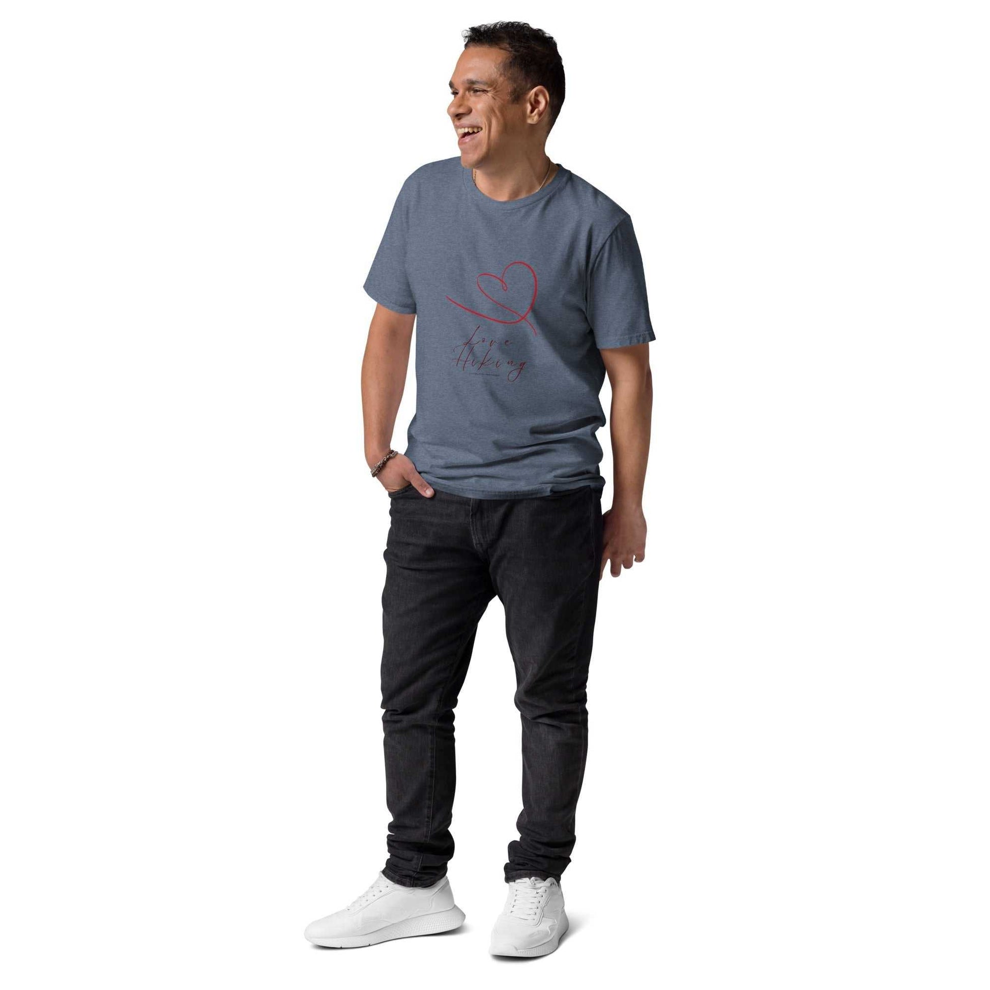 Love Hiking T-Shirt in denim blue organic cotton with heart design, ideal for sustainable outdoor fashion lovers.