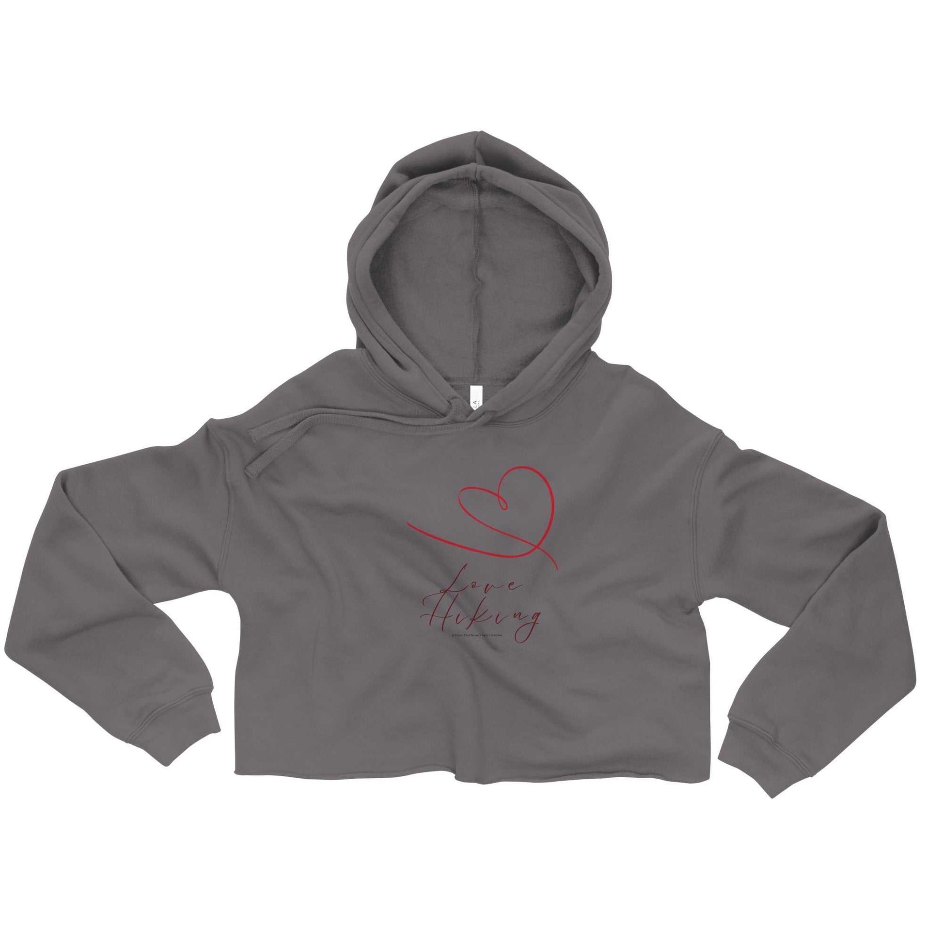 Charcoal cropped hoodie with red heart design from Love Hiking Valentine's Collection, women's fashion activewear.