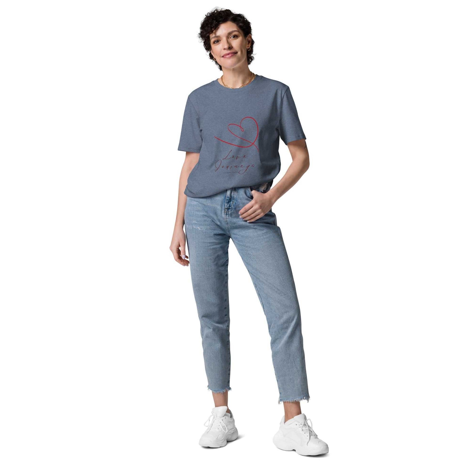 Love Journeys Unisex Organic Cotton T-Shirt in denim blue with red heart design. Comfortable and eco-friendly travel-themed apparel.