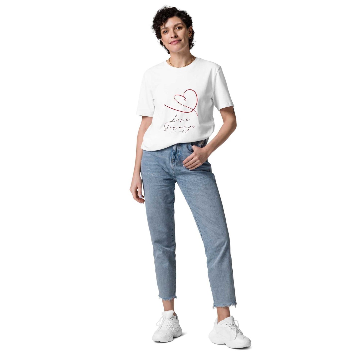 Love Journeys Unisex Organic Cotton T-Shirt in white with red heart design. Ethically produced and ideal for sustainable fashion lovers.