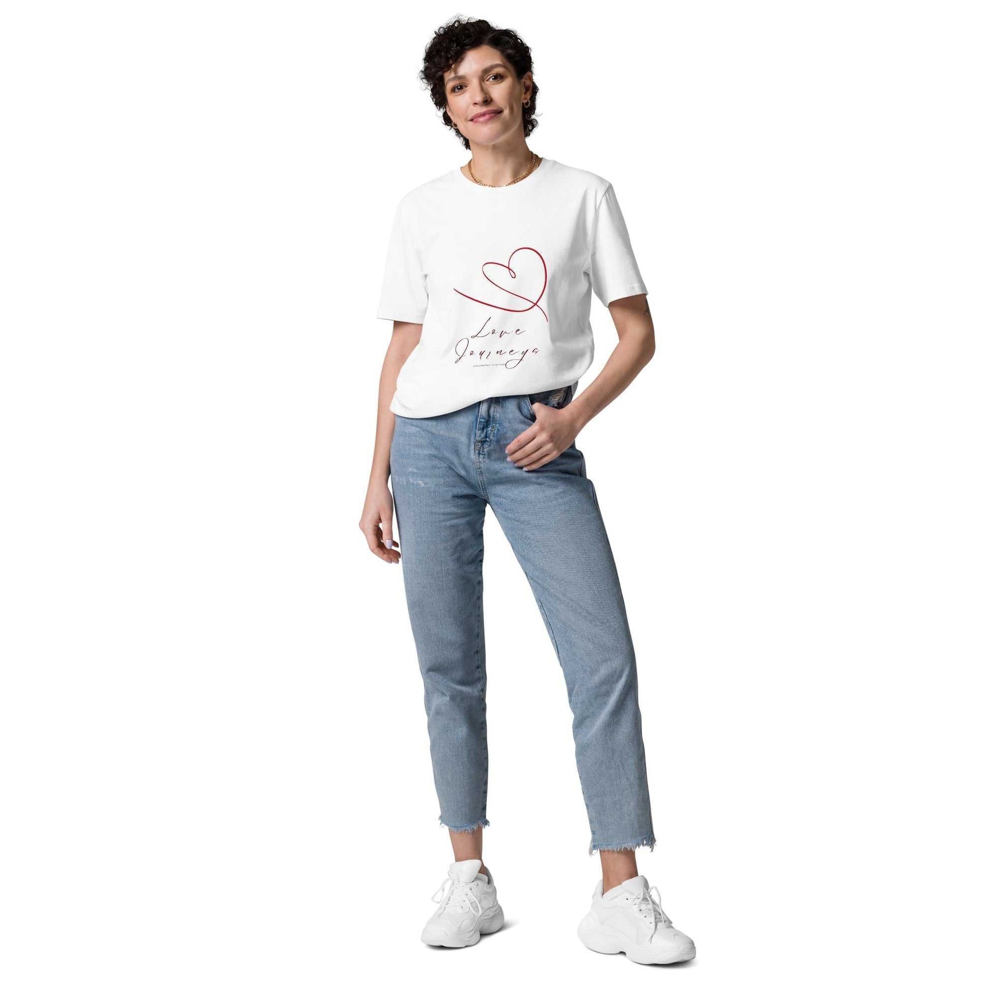 Love Journeys Unisex Organic Cotton T-Shirt in white with red heart design. Ethically produced and ideal for sustainable fashion lovers.