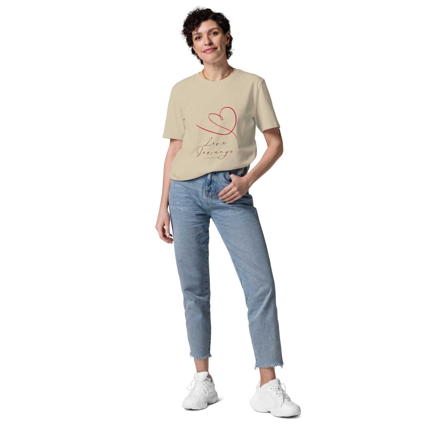 Love Journeys Unisex Organic Cotton T-Shirt in beige with minimalist red heart graphic. GOTS certified and perfect for casual wear.