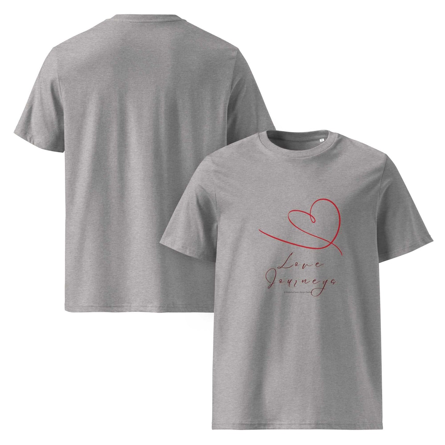 Heather grey Love Journeys unisex organic cotton t-shirt with red heart and script. Sustainable fashion choice.