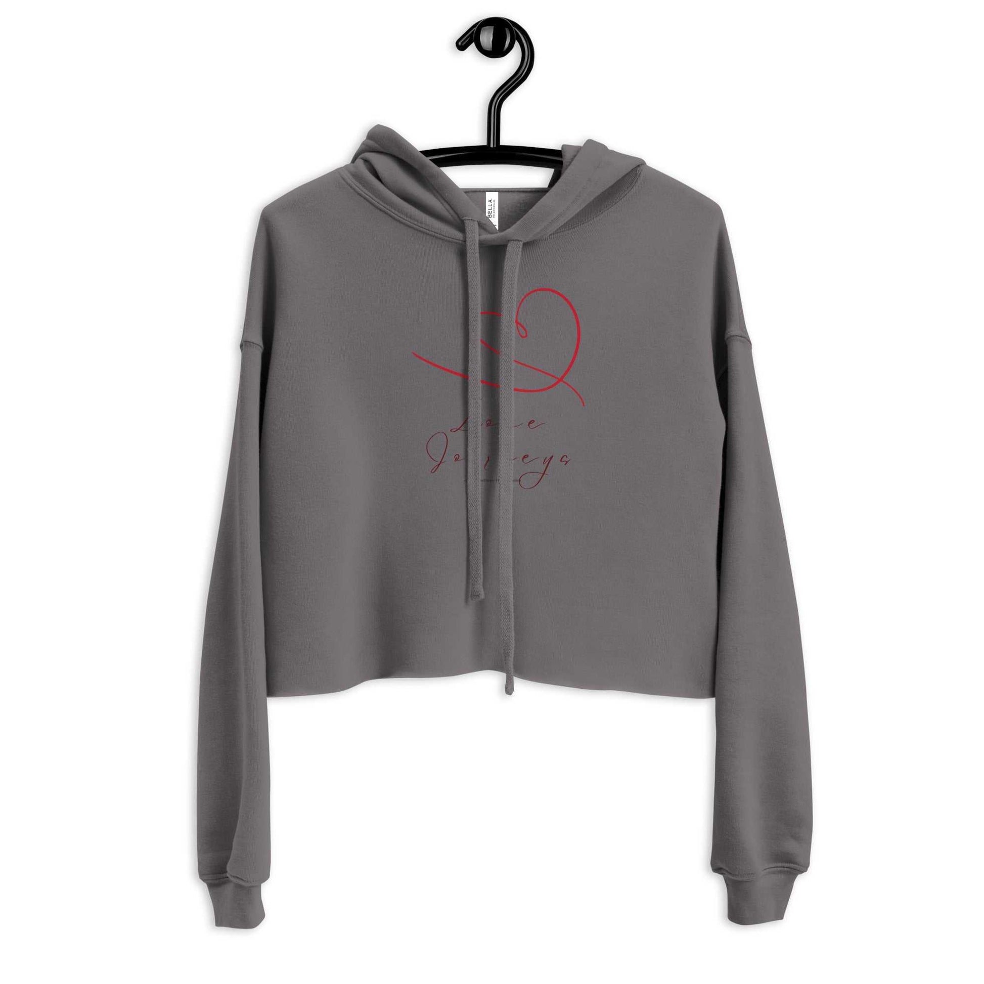 Gray womens cropped hoodie with love design, featuring red heart graphic and 'Love Journeys' text, ideal for Valentine's apparel.