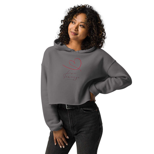 Womens cropped hoodie love design in grey with hand-drawn red heart and 'Love Journeys' text. Stylish fit for casual Valentine's wear.