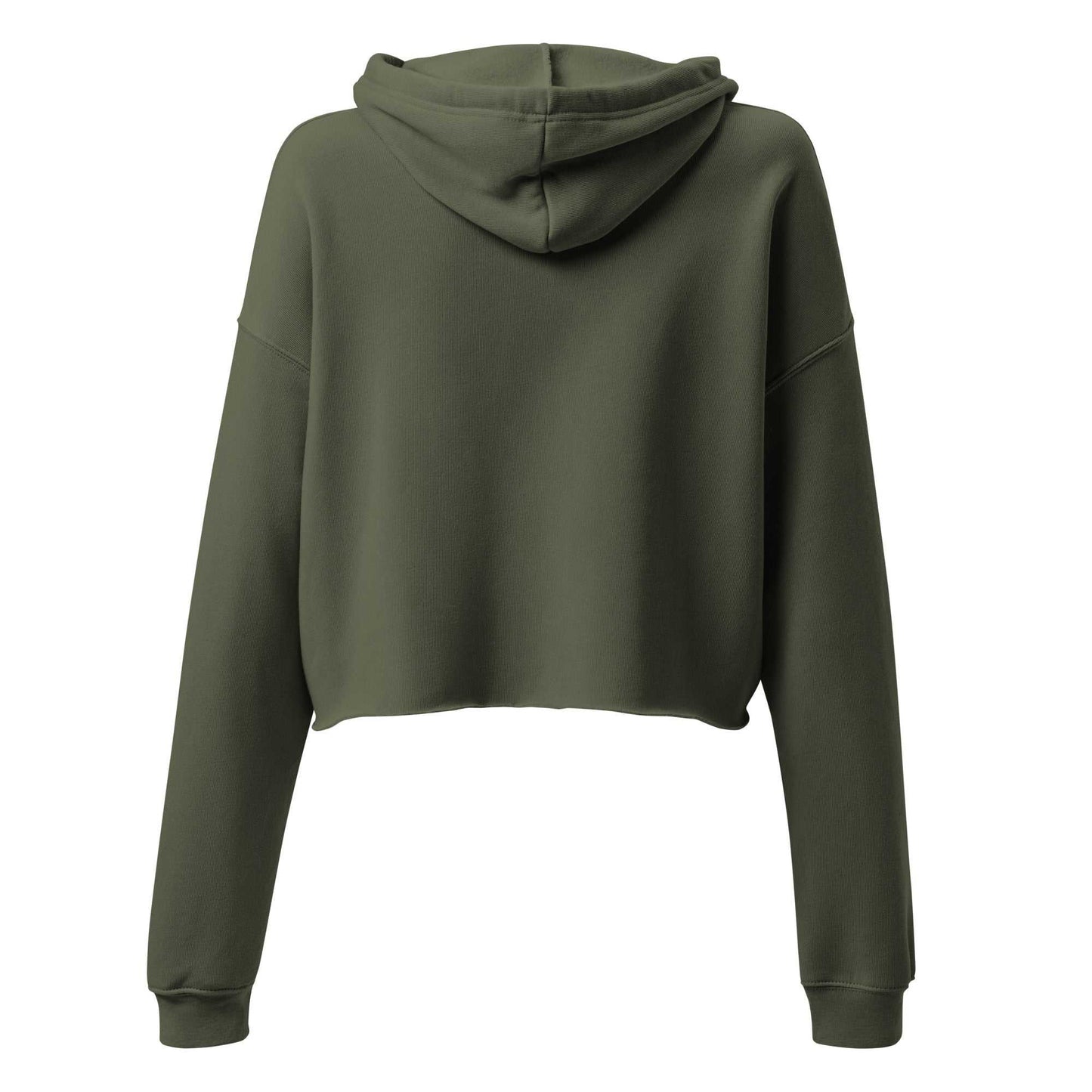 Back view of olive green cropped hoodie with hood and long sleeves. Minimalist design perfect for layering.