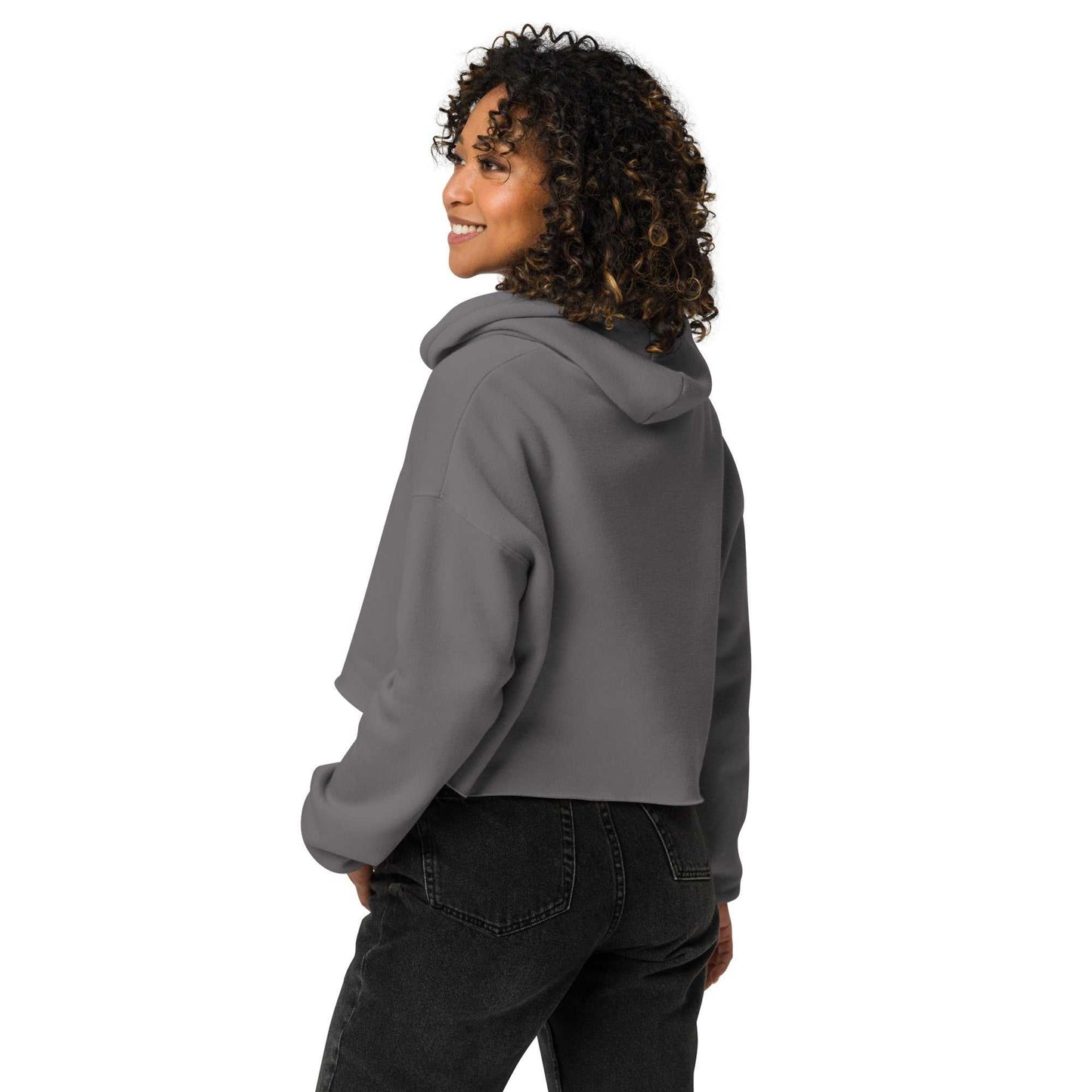 Womens cropped hoodie love design in gray, back view highlighting trendy cropped cut and cozy airlume cotton fabric.