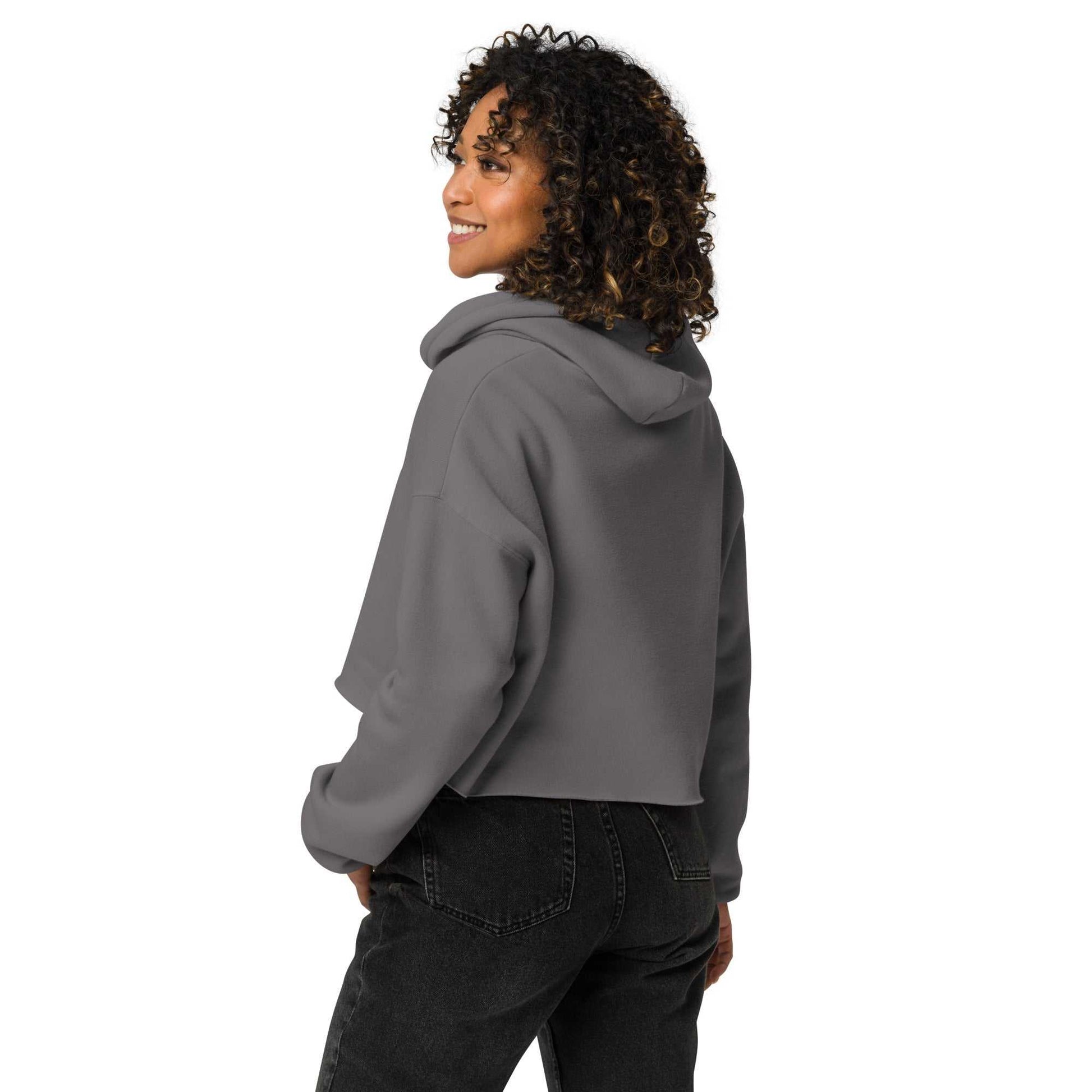 Womens cropped hoodie love design in gray, back view highlighting trendy cropped cut and cozy airlume cotton fabric.