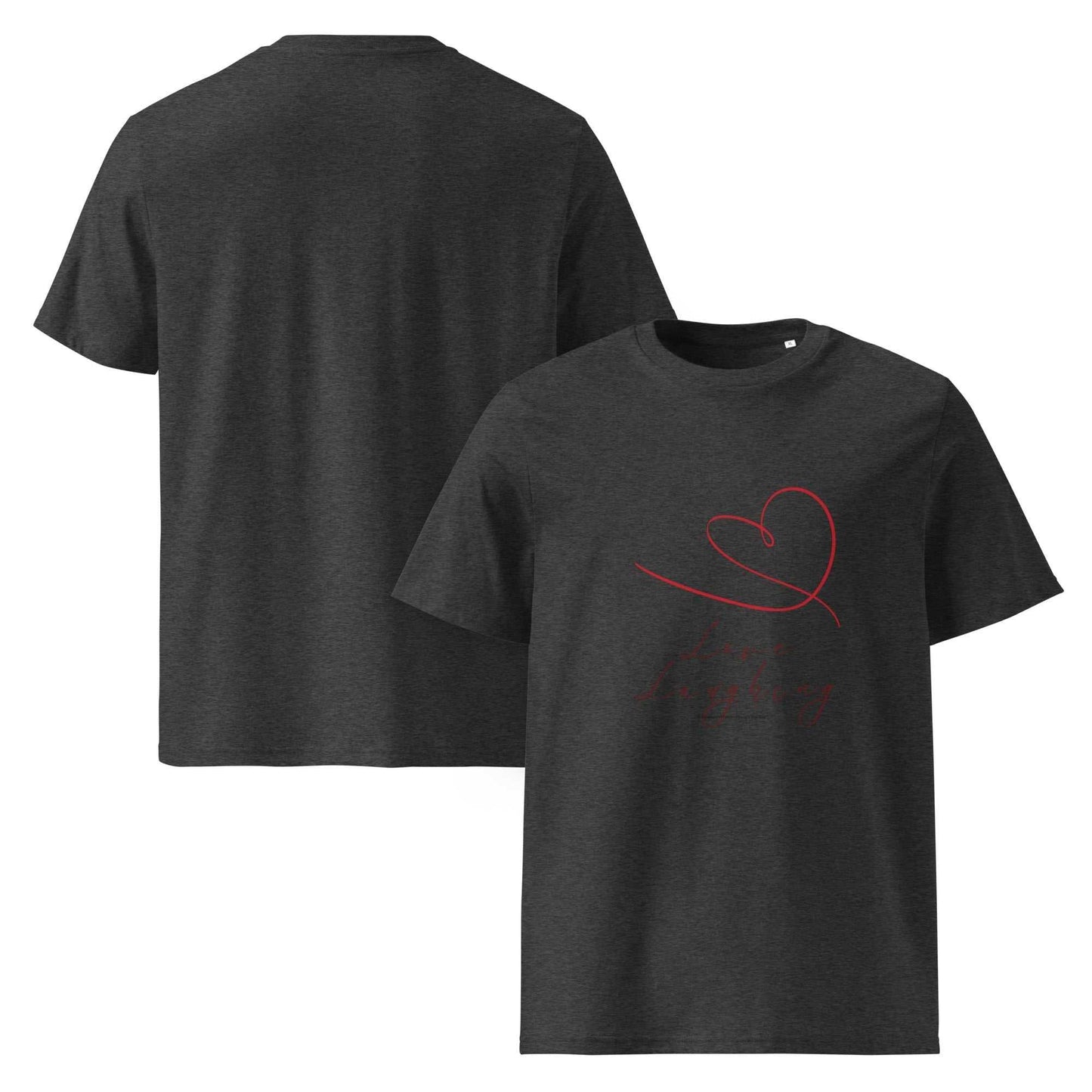 Dark heather Love Laughing T-Shirt front and back view, organic cotton with red heart design and eco-friendly unisex style.