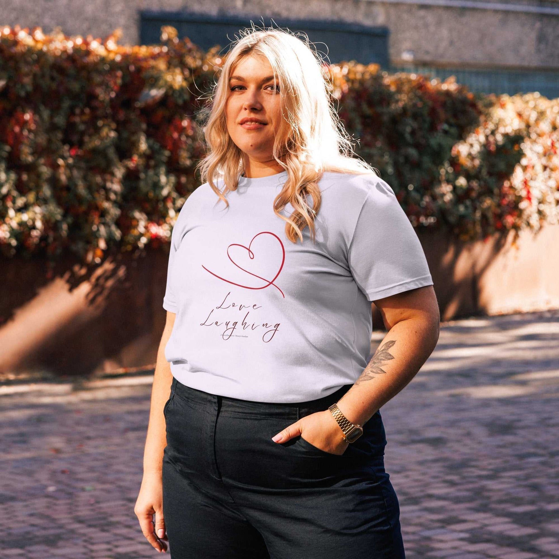 Light lavender Love Laughing T-Shirt crafted from organic cotton, unisex fit with heart and script design for daily eco wear.