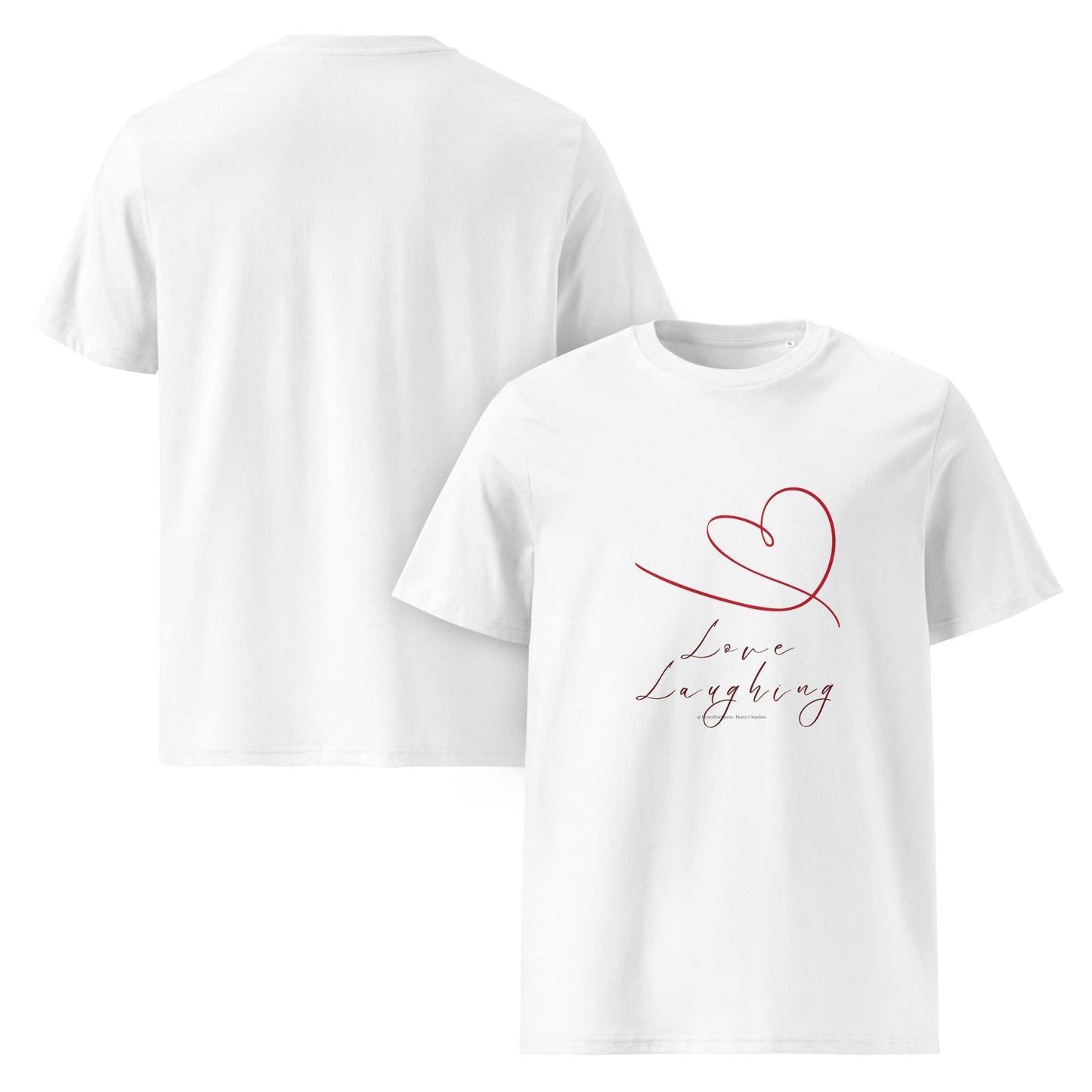 Love Laughing T-Shirt - organic cotton t-shirt in classic white with red heart and cursive lettering. Unisex fit, ideal for eco-conscious wearers.