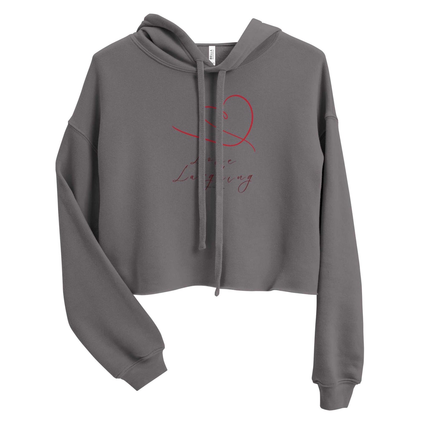 Gray Love Laughing Women's Cropped Hoodie with red heart and script, eco-friendly Valentine's design in soft cotton blend fabric.