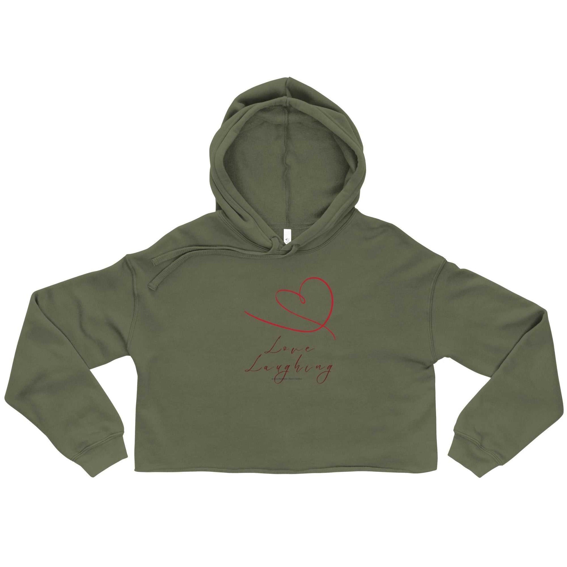 Olive green Love Laughing women's cropped hoodie with red heart and script design, eco-friendly Valentine's apparel top.