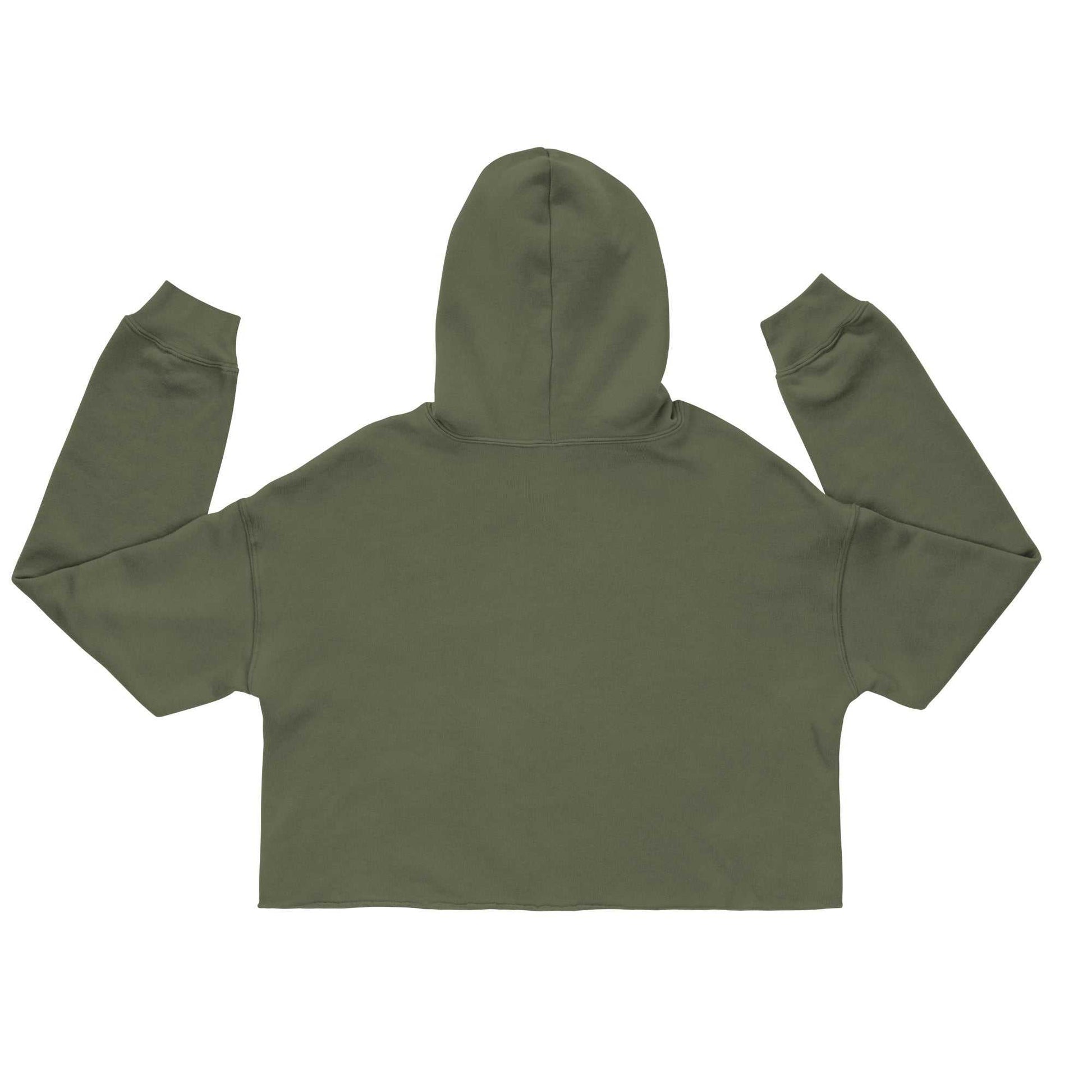 Back view of olive green eco-friendly cropped hoodie for women, soft cotton blend ideal for Valentine's gifts.