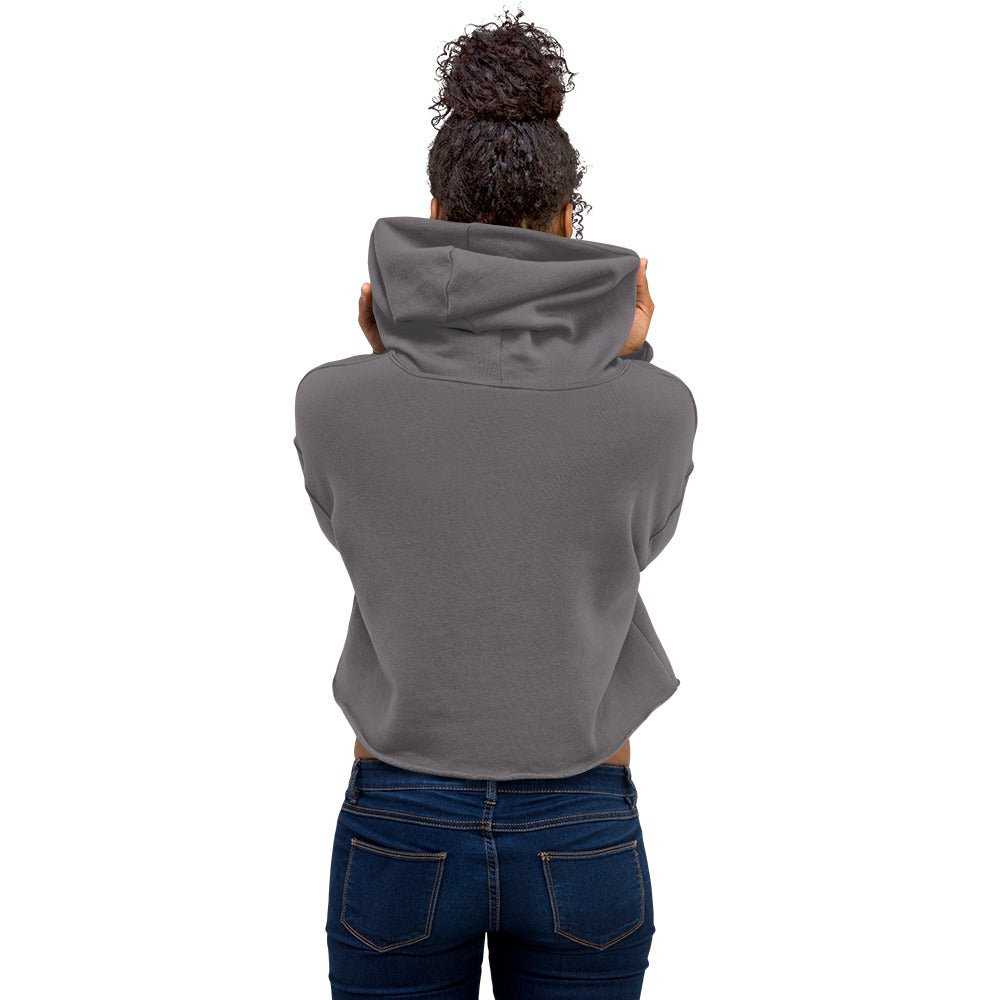 Back view of Love Laughing Women's Cropped Hoodie in gray, eco-friendly Valentine's design with relaxed fit and soft cotton blend.