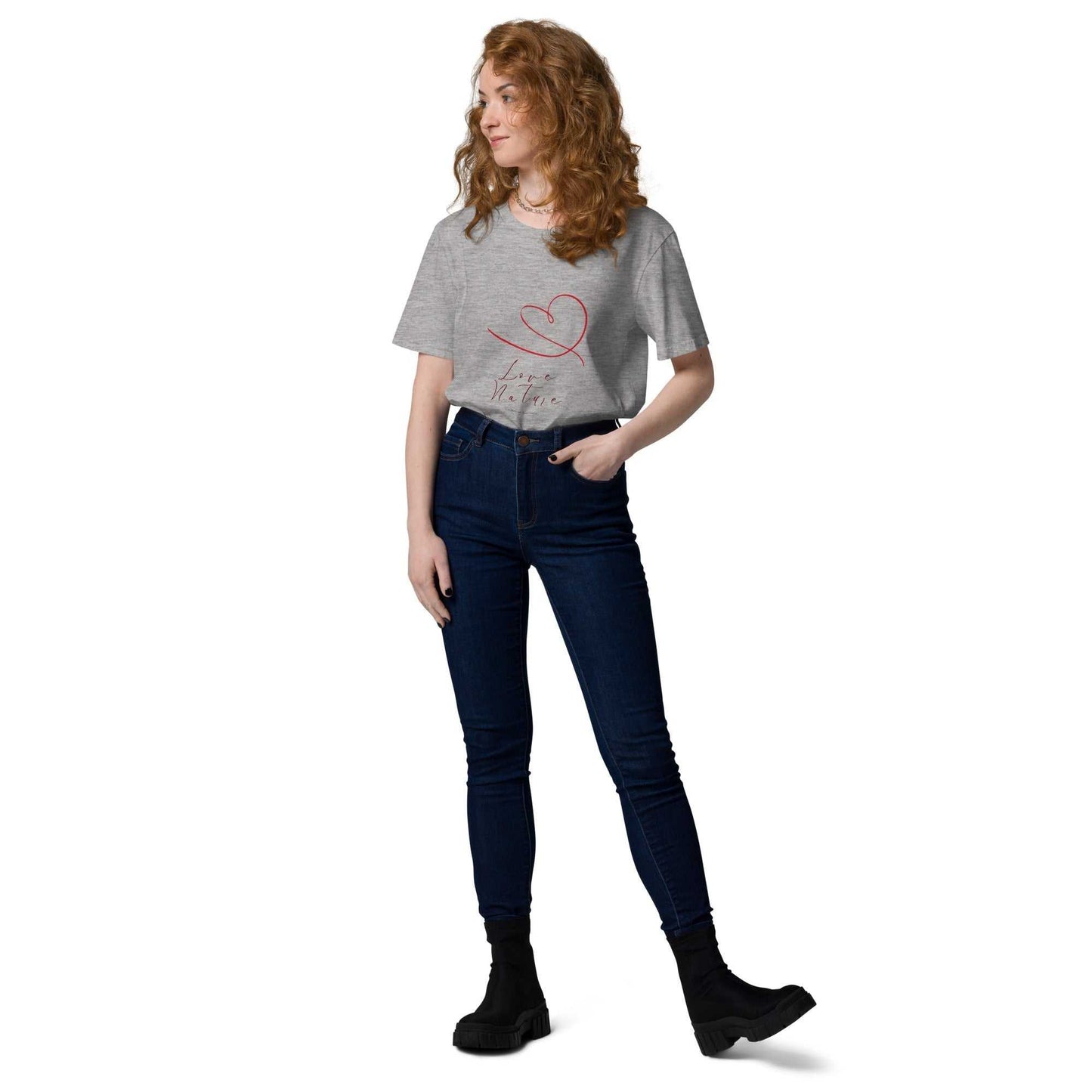 Heather gray Love Nature Unisex Organic Cotton T-Shirt with heart print, paired with jeans for a sustainable everyday look.