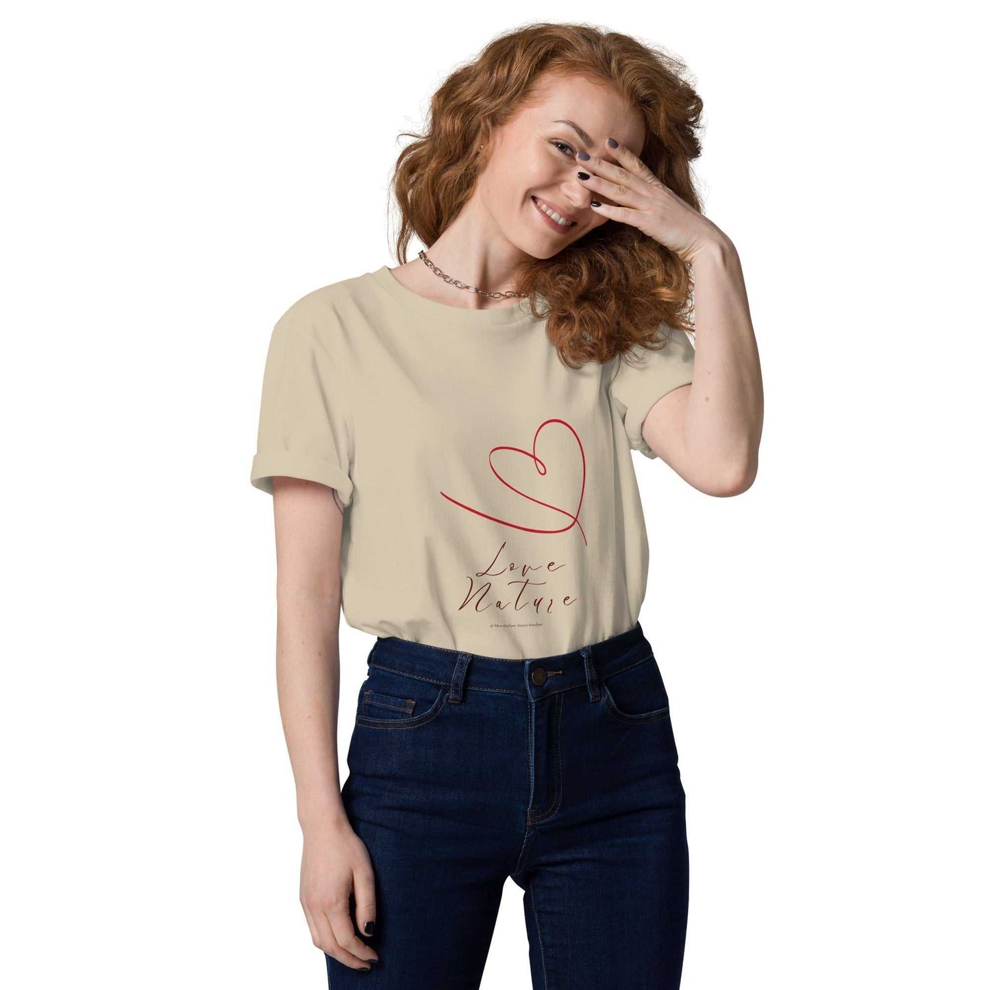 Love Nature Unisex Organic Cotton T-Shirt in beige with red heart design, sustainable and stylish cotton tee for casual wear.