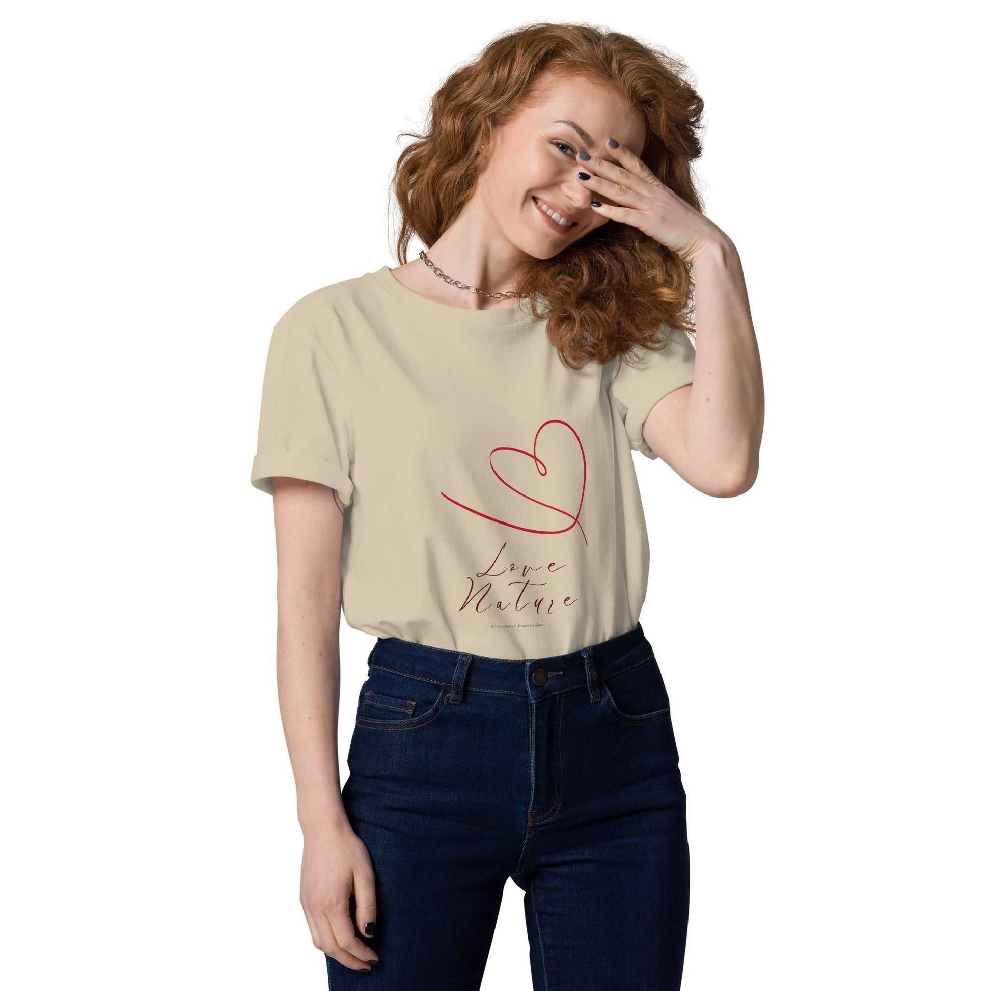 Love Nature Unisex Organic Cotton T-Shirt in beige with red heart design, sustainable and stylish cotton tee for casual wear.