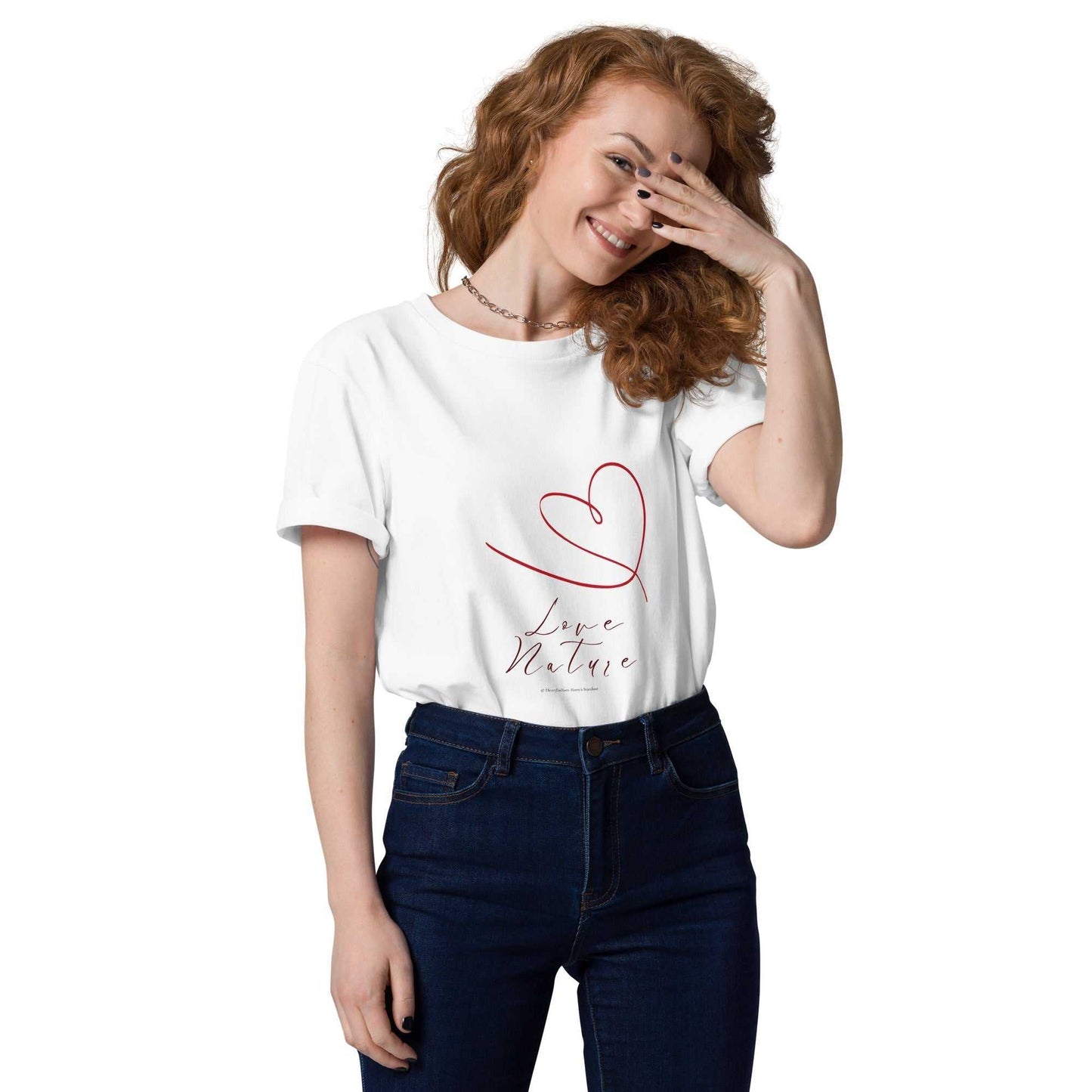 White Love Nature unisex organic cotton t-shirt with red heart line art, perfect for sustainable and stylish casual outfits.
