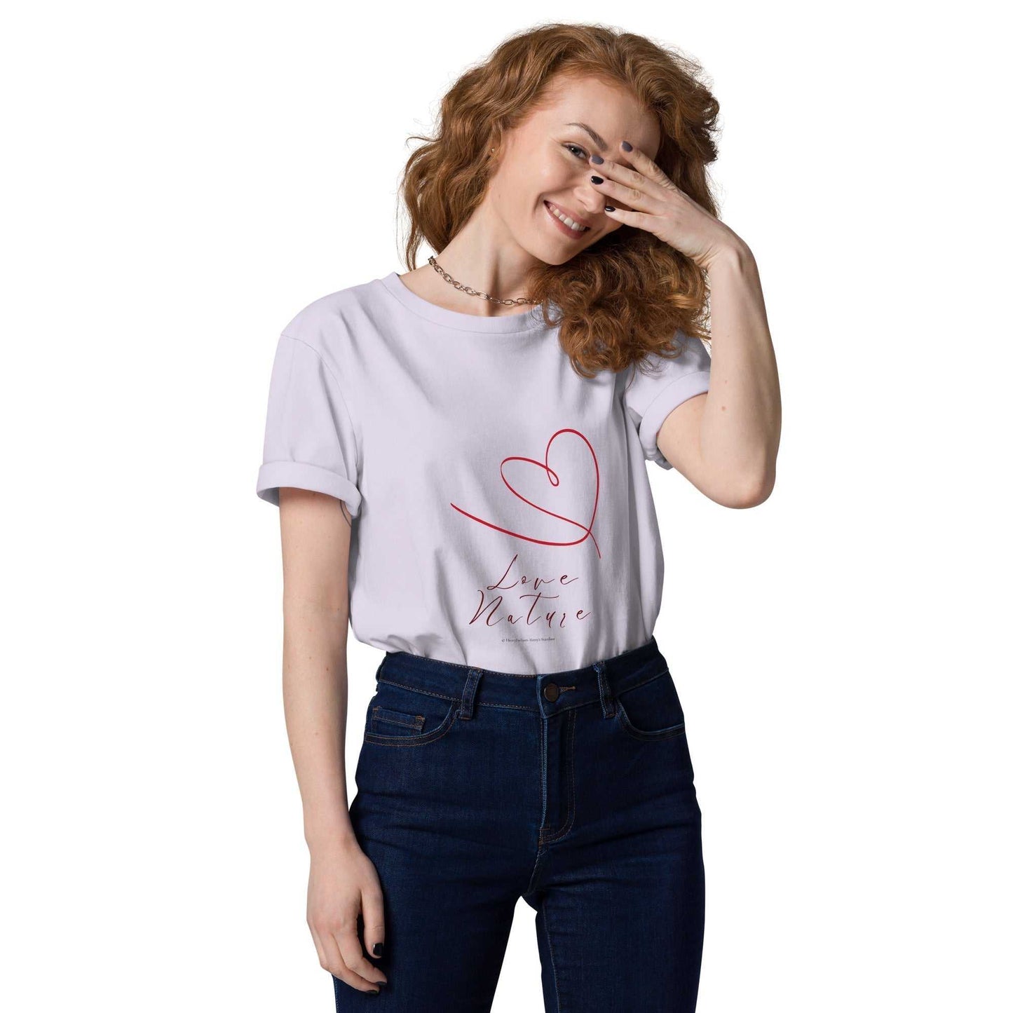 Love Nature unisex organic cotton t-shirt in lavender with heart graphic, sustainable and comfortable for everyday eco-conscious style.