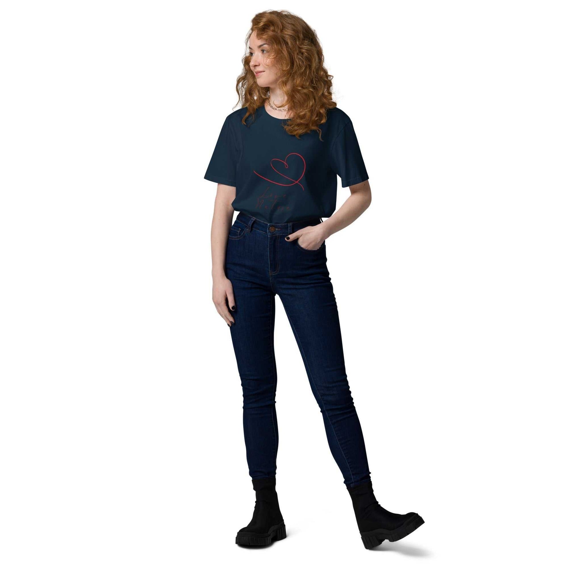 Eco-friendly Love Nature Unisex Organic Cotton T-Shirt in navy, featuring heart design, styled with dark denim jeans.