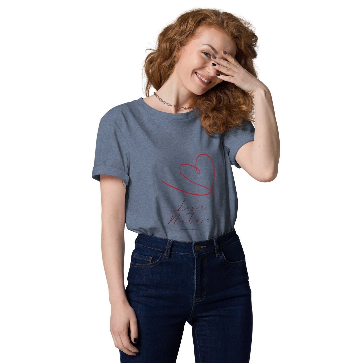 Love Nature Unisex Organic Cotton T-Shirt in denim blue with red heart print, soft and eco-conscious tee for everyday wear.