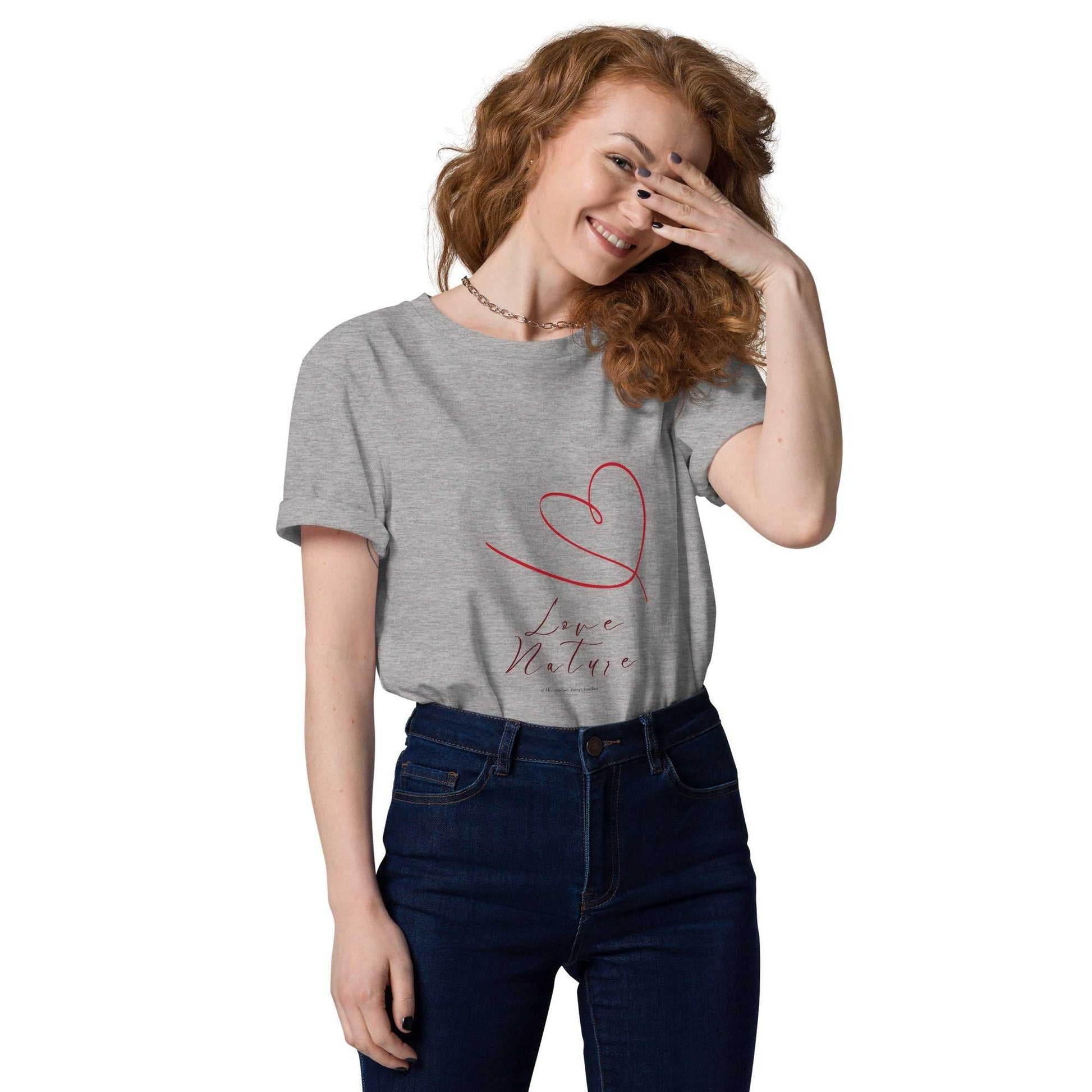 Love Nature Unisex Organic Cotton T-Shirt in heather gray with red heart design, eco-friendly and comfortable fashion choice.