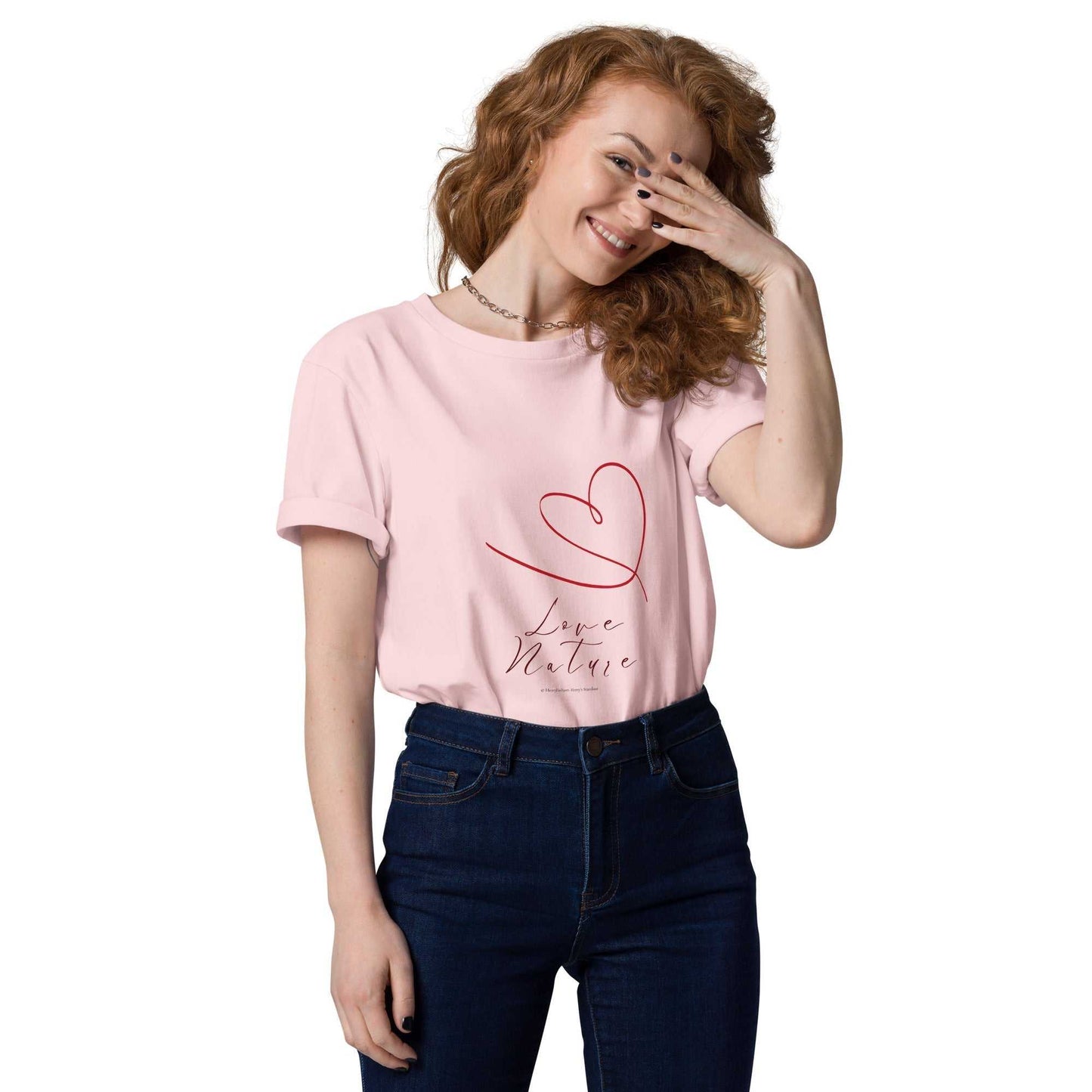 Love Nature unisex organic cotton t-shirt in light pink with red heart design, eco-friendly and sustainable fashion for adults.