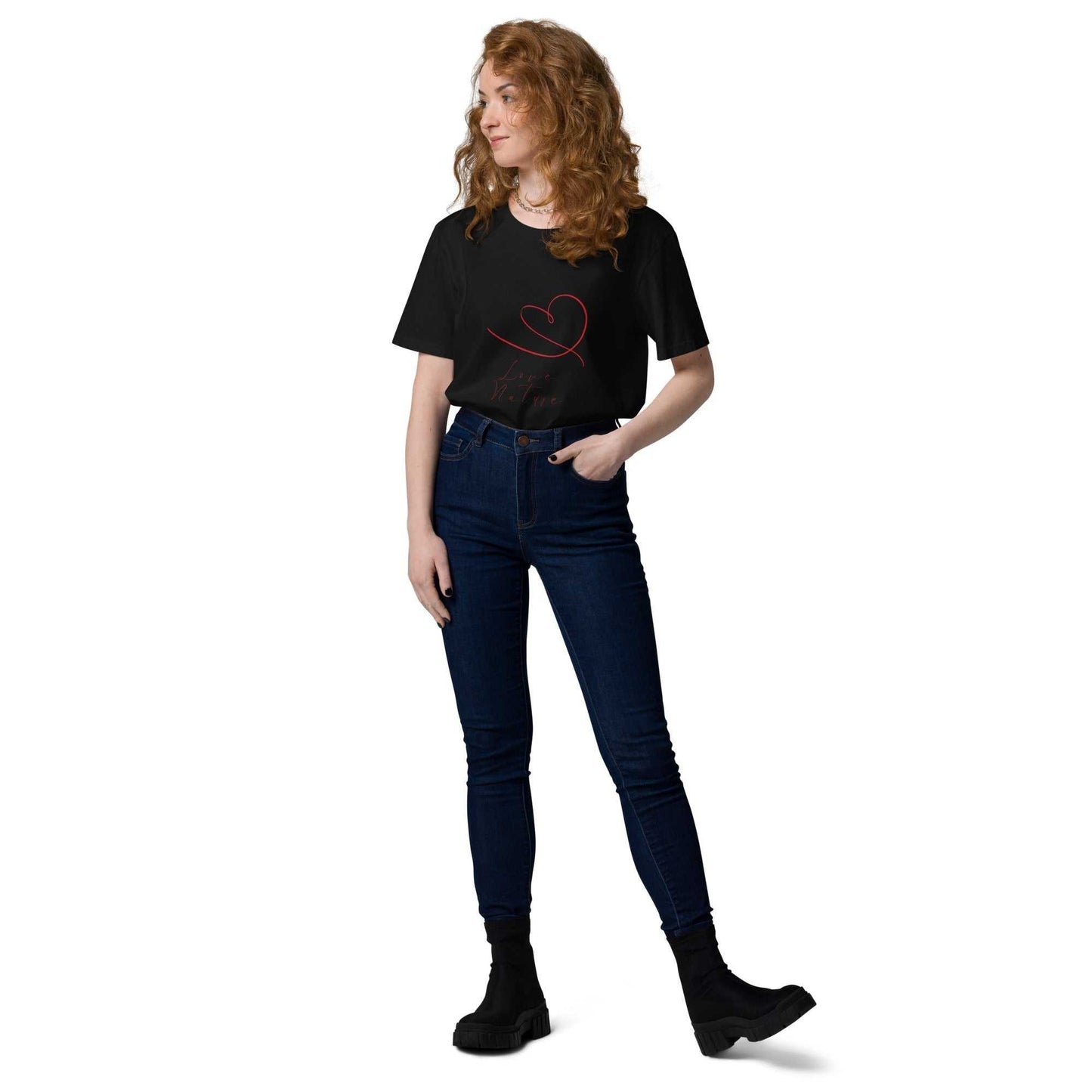 Love Nature Unisex Organic Cotton T-Shirt in black with red heart design, styled with dark jeans and boots for a modern eco-friendly outfit.