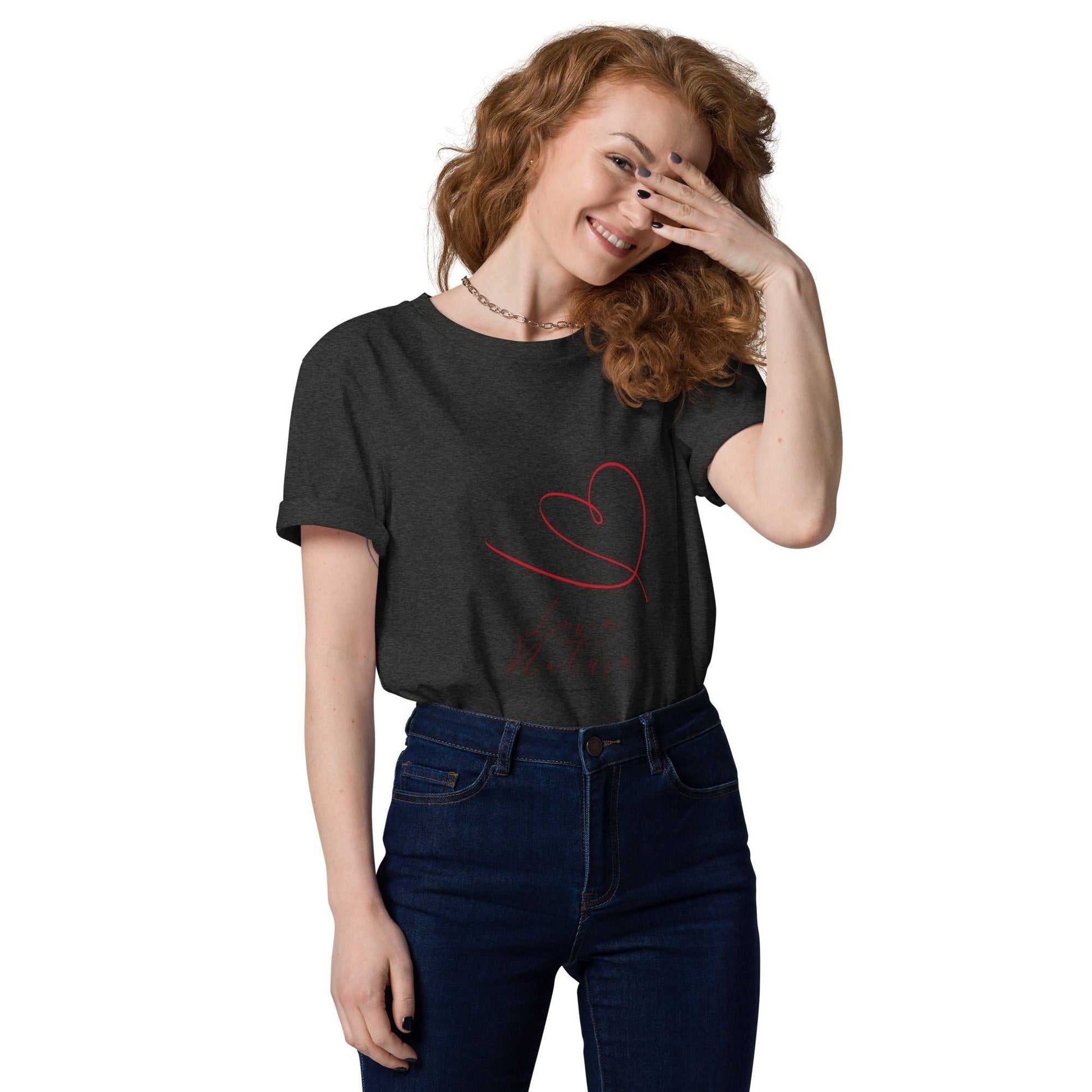 Love Nature Unisex Organic Cotton T-Shirt in dark heather gray with red heart design, sustainable and stylish casual wear.