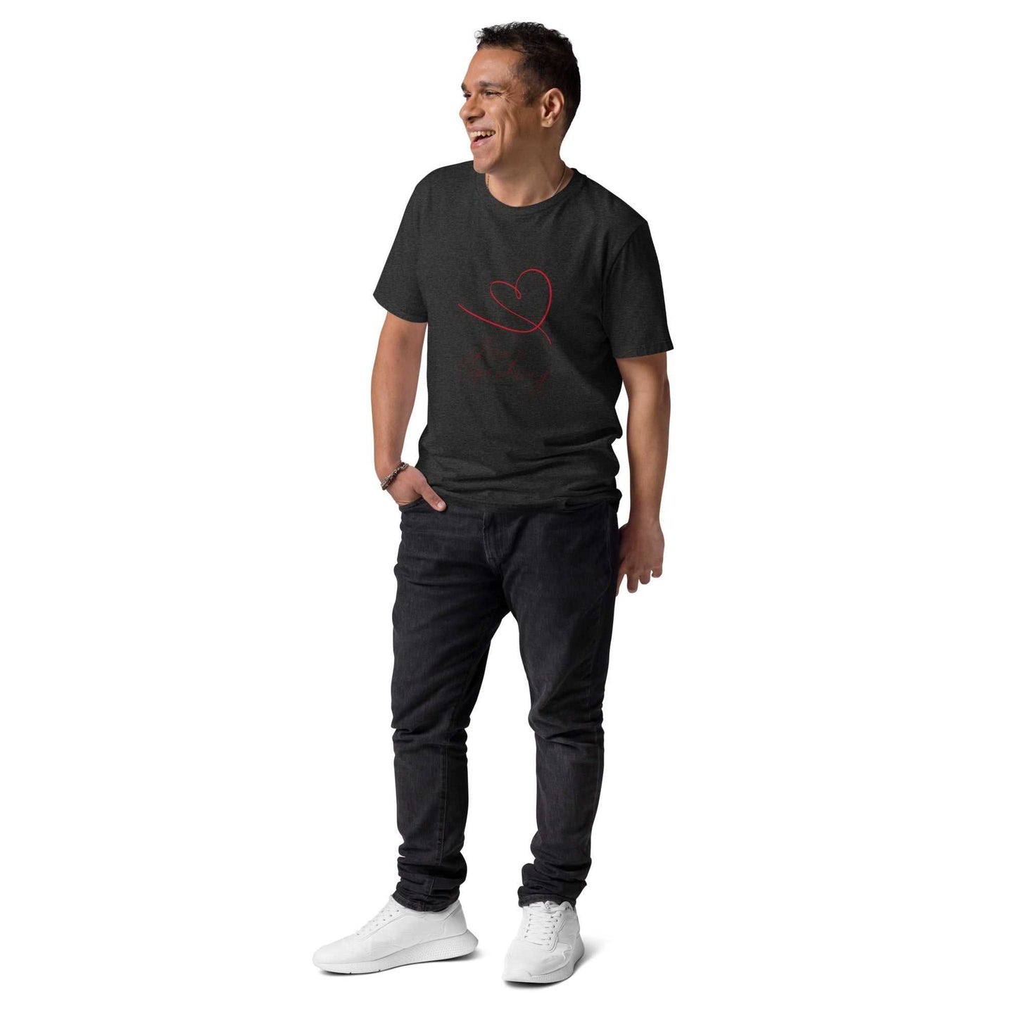 Love Spoiling T-Shirt - Unisex Organic Cotton in dark heather gray, modeled for fit. Eco-friendly tee with red heart graphic.
