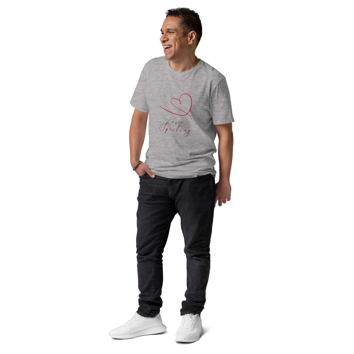 Love Spoiling T-Shirt - Unisex Organic Cotton in heather gray, featuring red heart and script design. Eco-friendly casual wear for everyday comfort.
