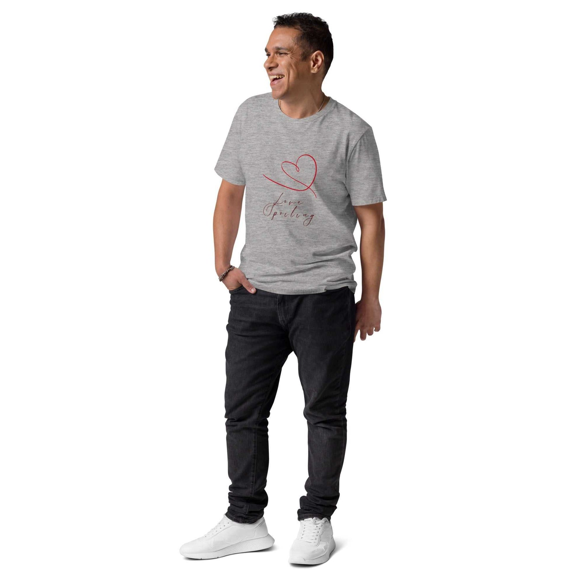 Love Spoiling T-Shirt - Unisex Organic Cotton in heather gray, featuring red heart and script design. Eco-friendly casual wear for everyday comfort.