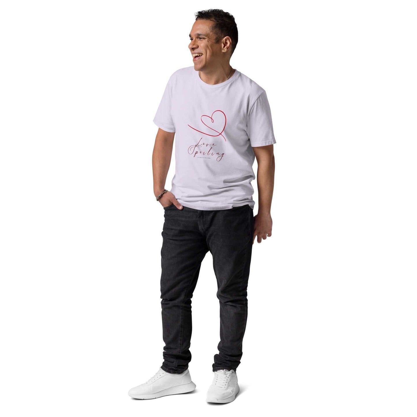 Love Spoiling T-Shirt - Unisex Organic Cotton in light lavender with red heart design. Ethical and stylish apparel for everyday wear.