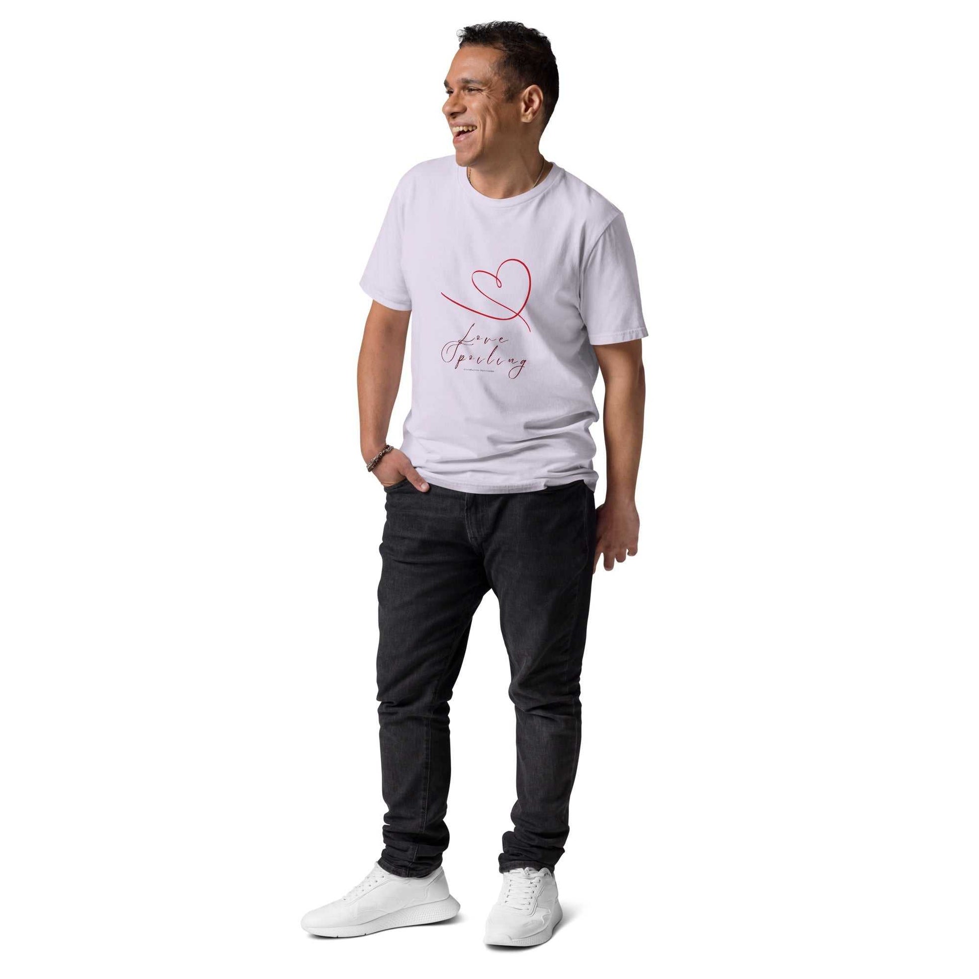 Love Spoiling T-Shirt - Unisex Organic Cotton in light lavender with red heart design. Ethical and stylish apparel for everyday wear.