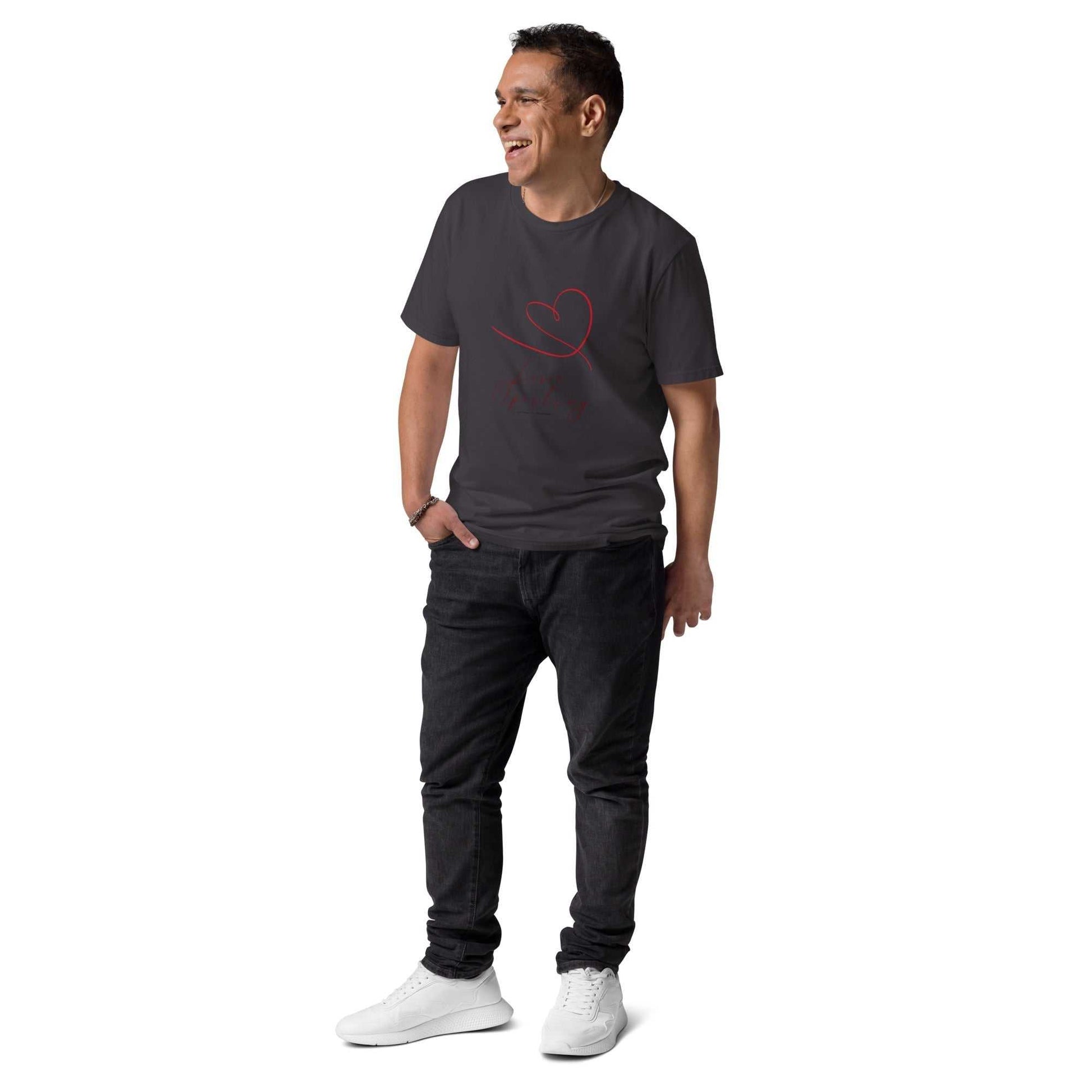 Love Spoiling T-Shirt - Unisex Organic Cotton in charcoal, modeled with jeans. Red heart design highlights sustainable fashion choice.