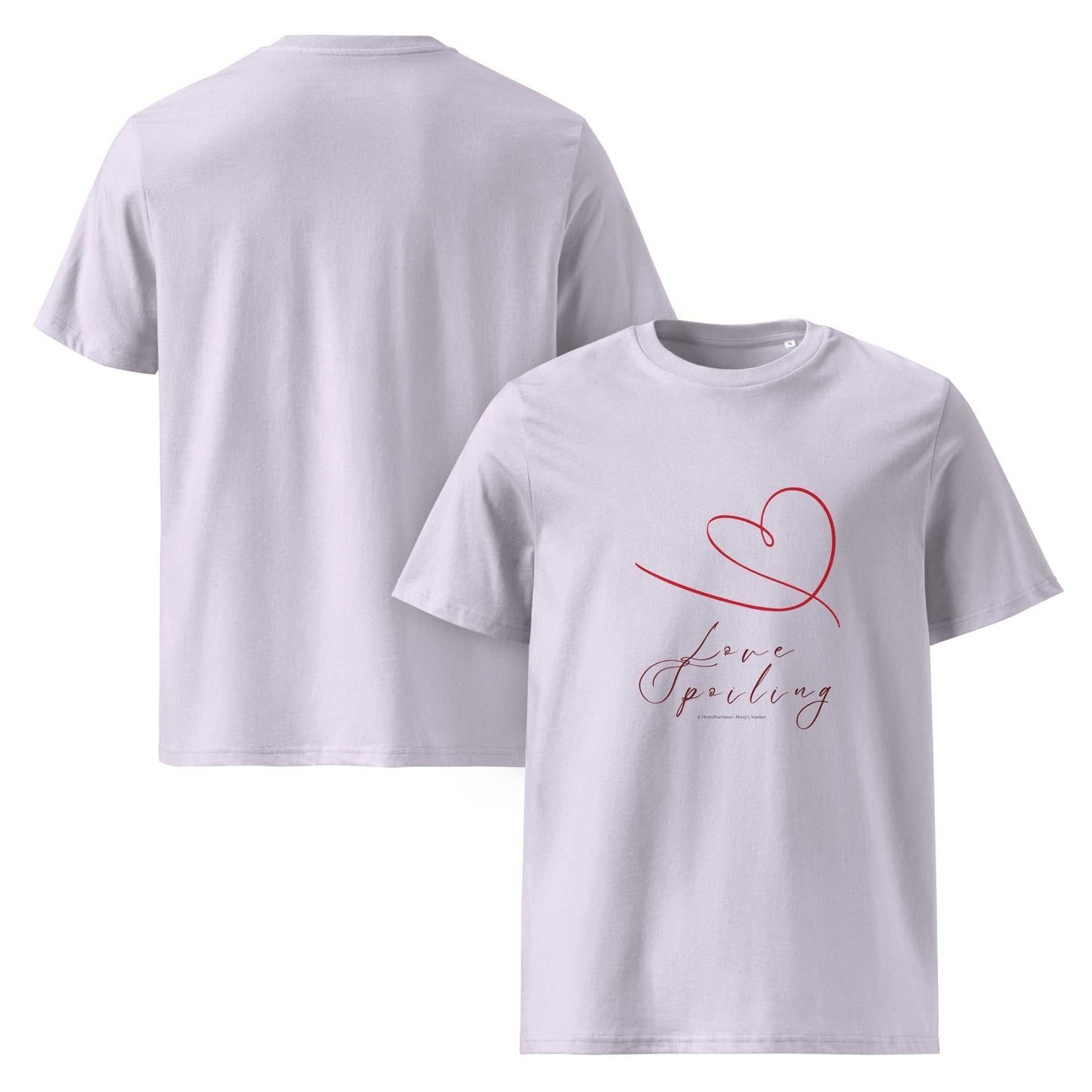 Love Spoiling T-Shirt - Unisex Organic Cotton in light lavender, red heart design on front. Ethical and stylish pastel wardrobe piece.