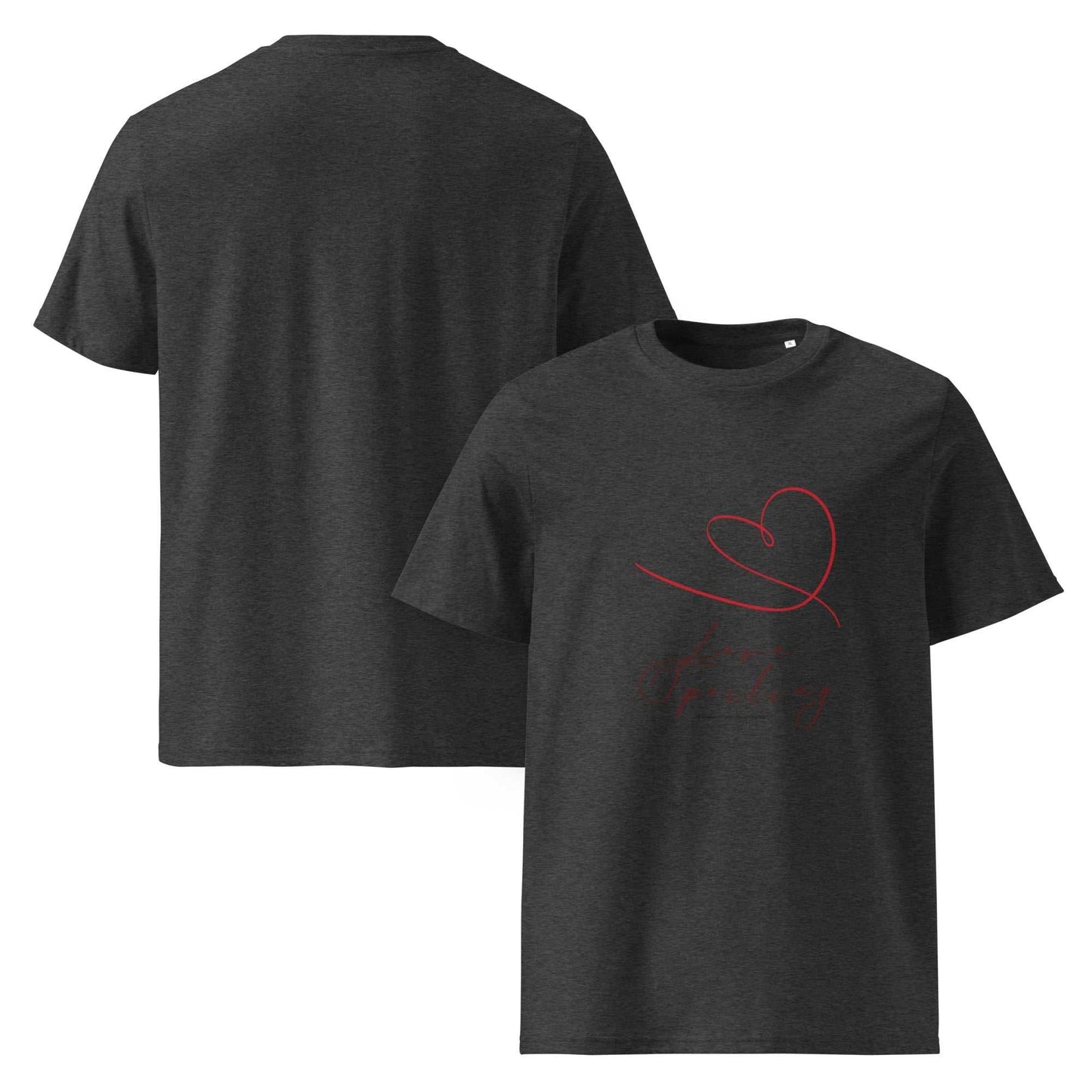 Love Spoiling T-Shirt - Unisex Organic Cotton in dark heather gray, showing front and back with red heart graphic. Eco-friendly and soft fit.