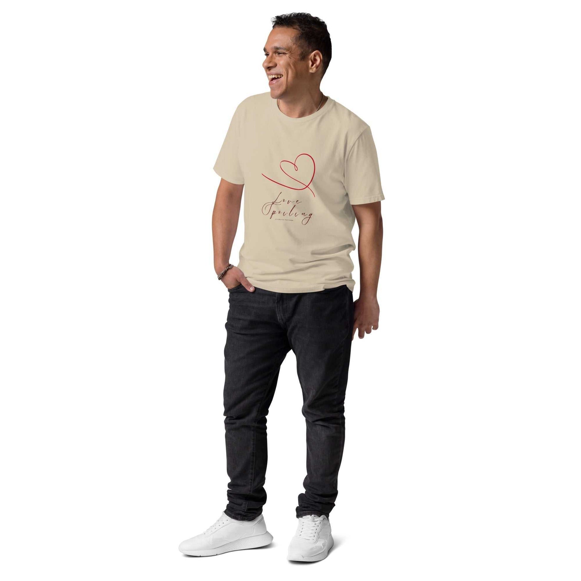Love Spoiling T-Shirt - Unisex Organic Cotton in beige with red heart and kindness script. Sustainable fashion for conscious shoppers.