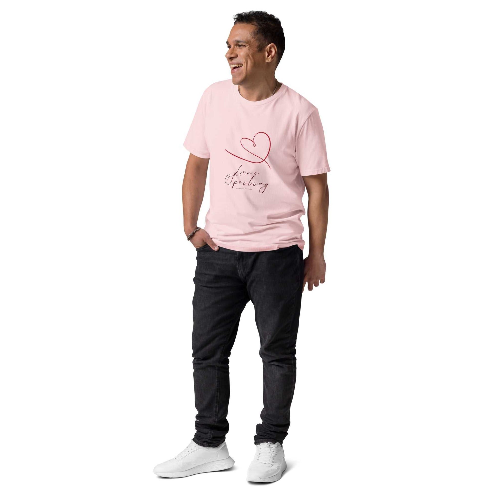 Love Spoiling T-Shirt - Unisex Organic Cotton in light pink, showcasing heart and kindness message. Soft eco-friendly tee for stylish comfort.