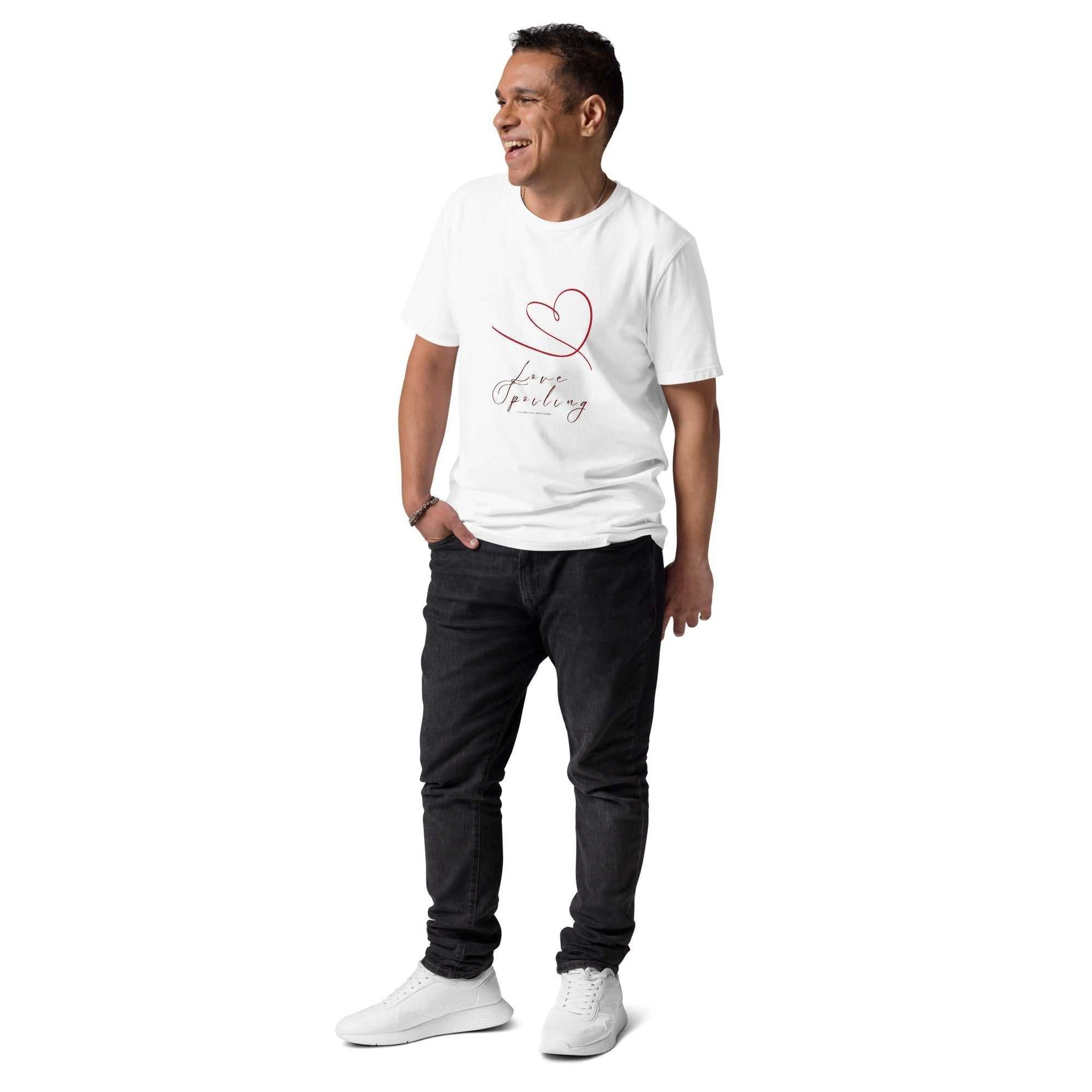 Love Spoiling T-Shirt - Unisex Organic Cotton in white, featuring minimalist heart and kindness print. Eco-conscious t-shirt for all genders.